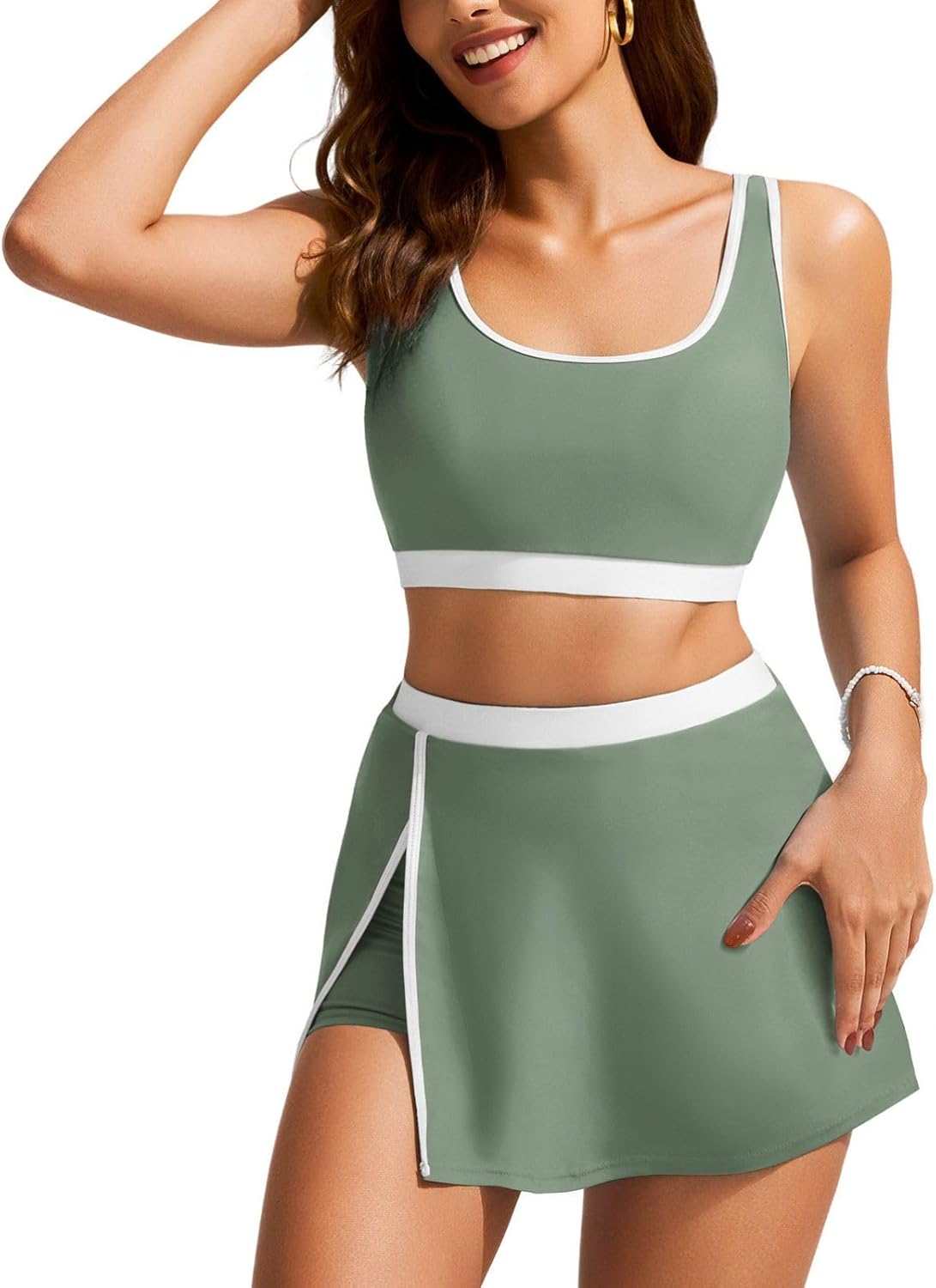 Hanna Nikole Bikini Sets for Women Sports Color Block Swimsuits with Side Slit H...