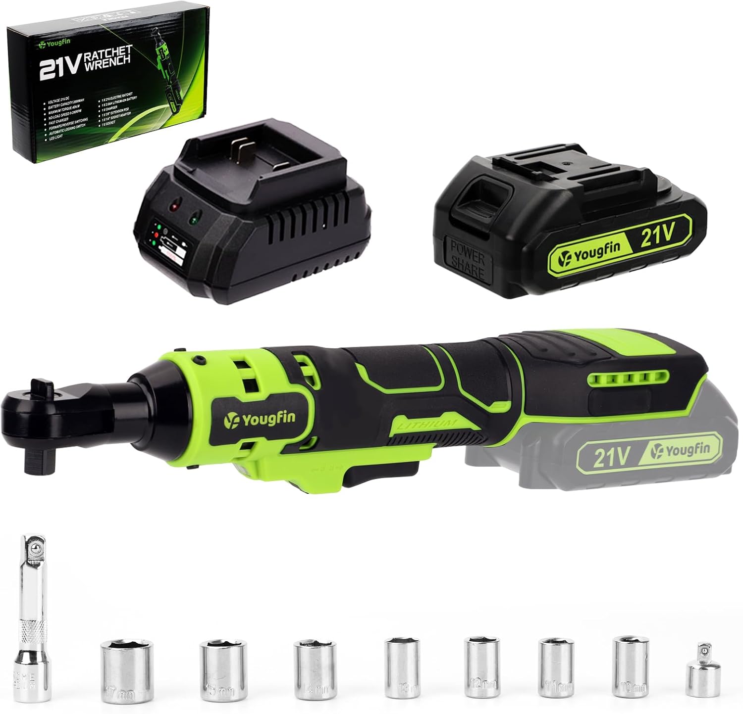 Yougfin Electric Ratchet Wrench 21V, Cordless Wrench Ratchet 40 N.M, Battery Pow...