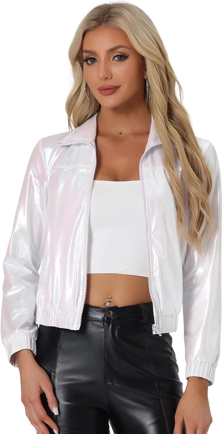 Allegra K Women's Holographic Shiny Party Christmas Long Sleeve Lightweight Zipp...