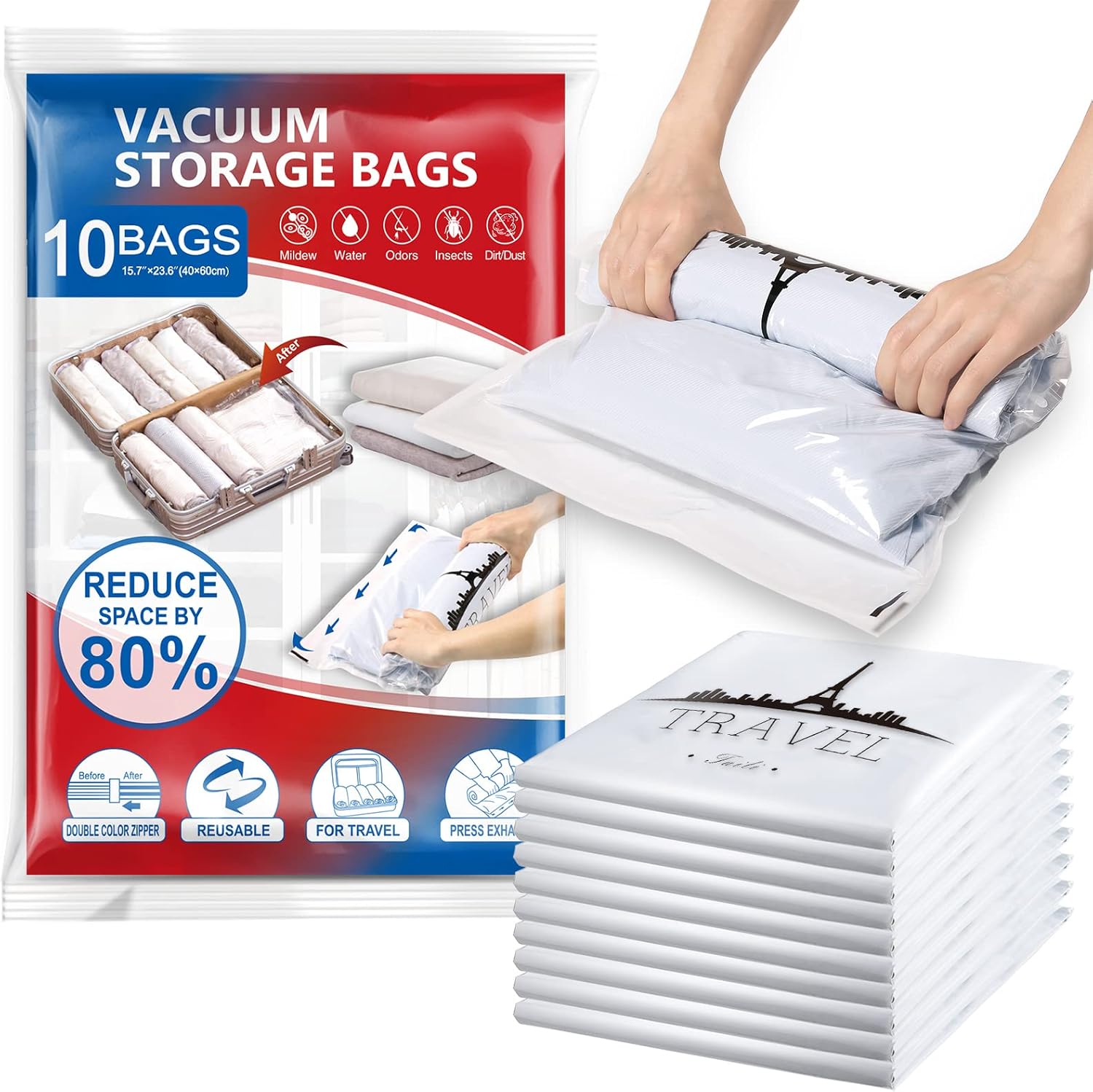 TAILI Vacuum Bags for Clothes Travel Vacuum Storage Bags 10 Packs 40 X 60 CM Reu...