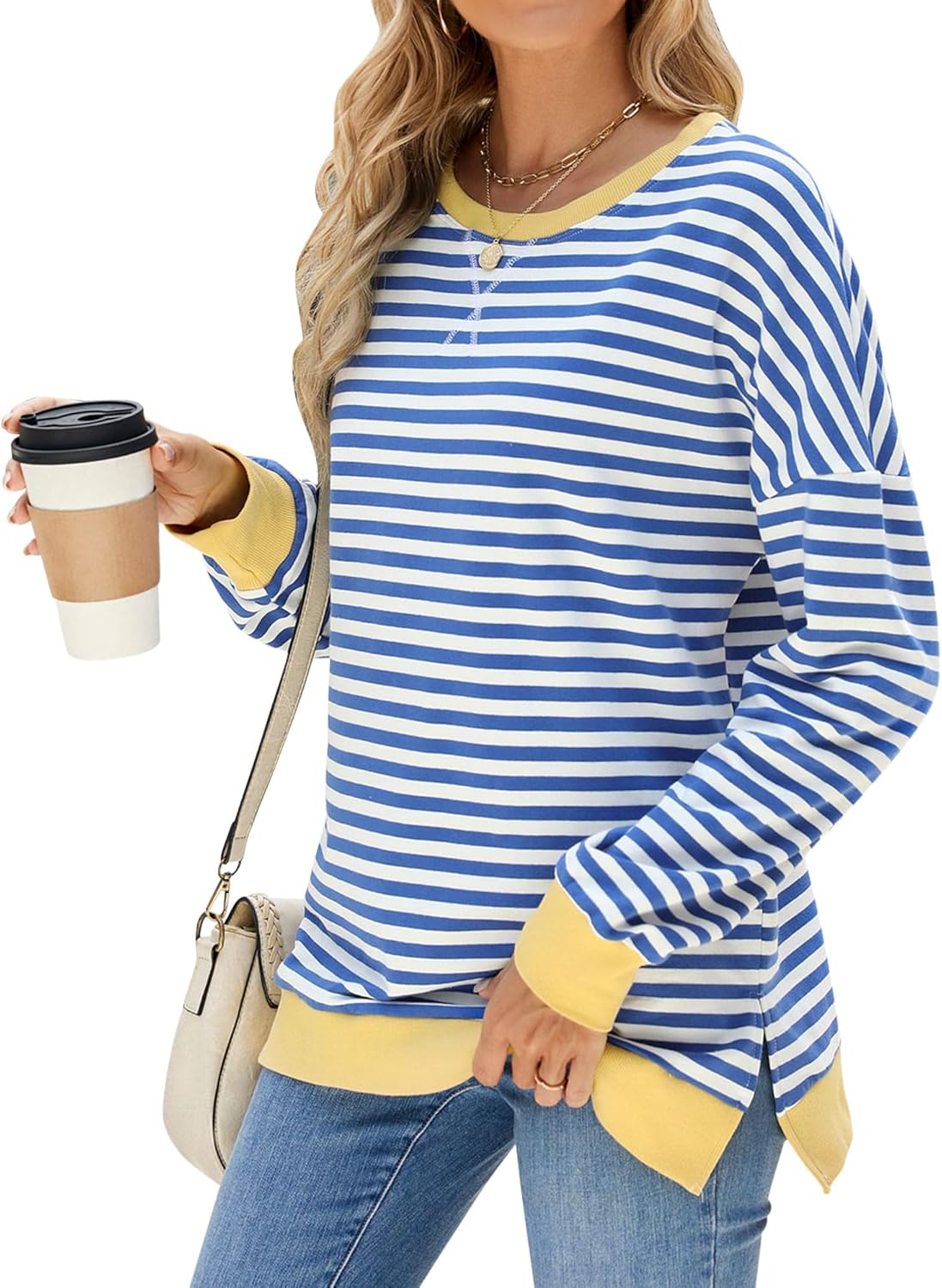 Fashionme 2025 Womens Striped Color Block Tunic Tops Side Slits Spring Long Slee...