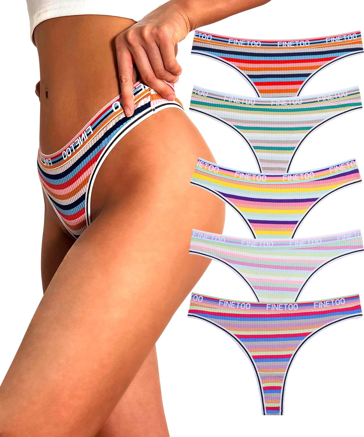 FINETOO Pack of 5 Women's Cotton Thong with Low Waist Sports Waistband Thongs Un...