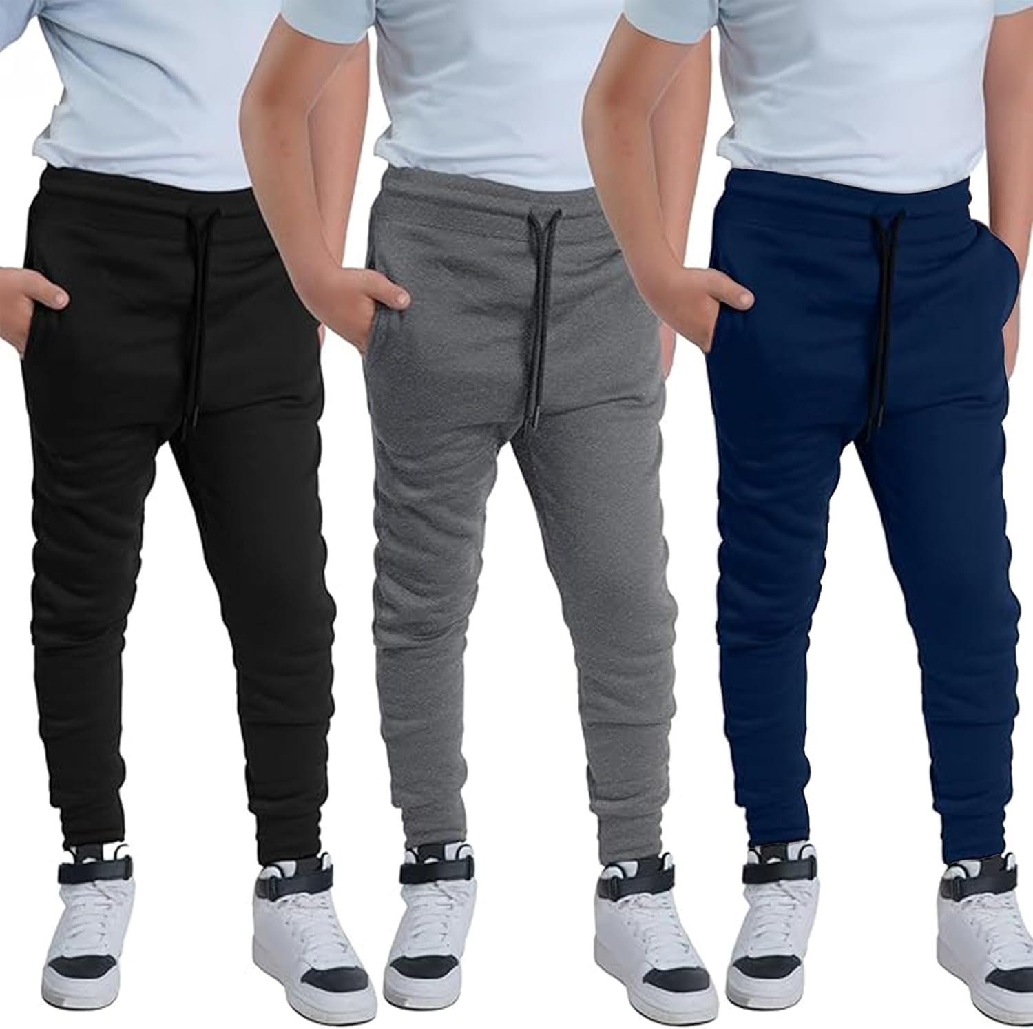 3 Pack Boys Sweatpants - Poly Fleece Boys Joggers with Open Pockets & Drawstring...