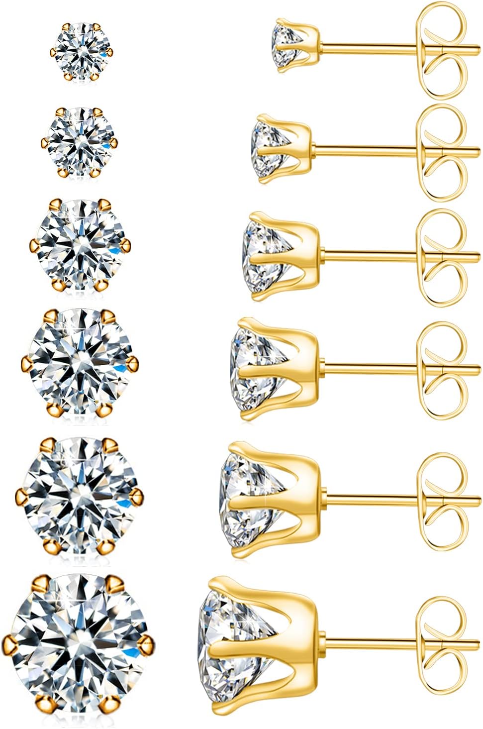 UHIBROS 6 Pairs Stainless Steel Stud Earrings Set Hypoallergenic Cubic Zirconia...
