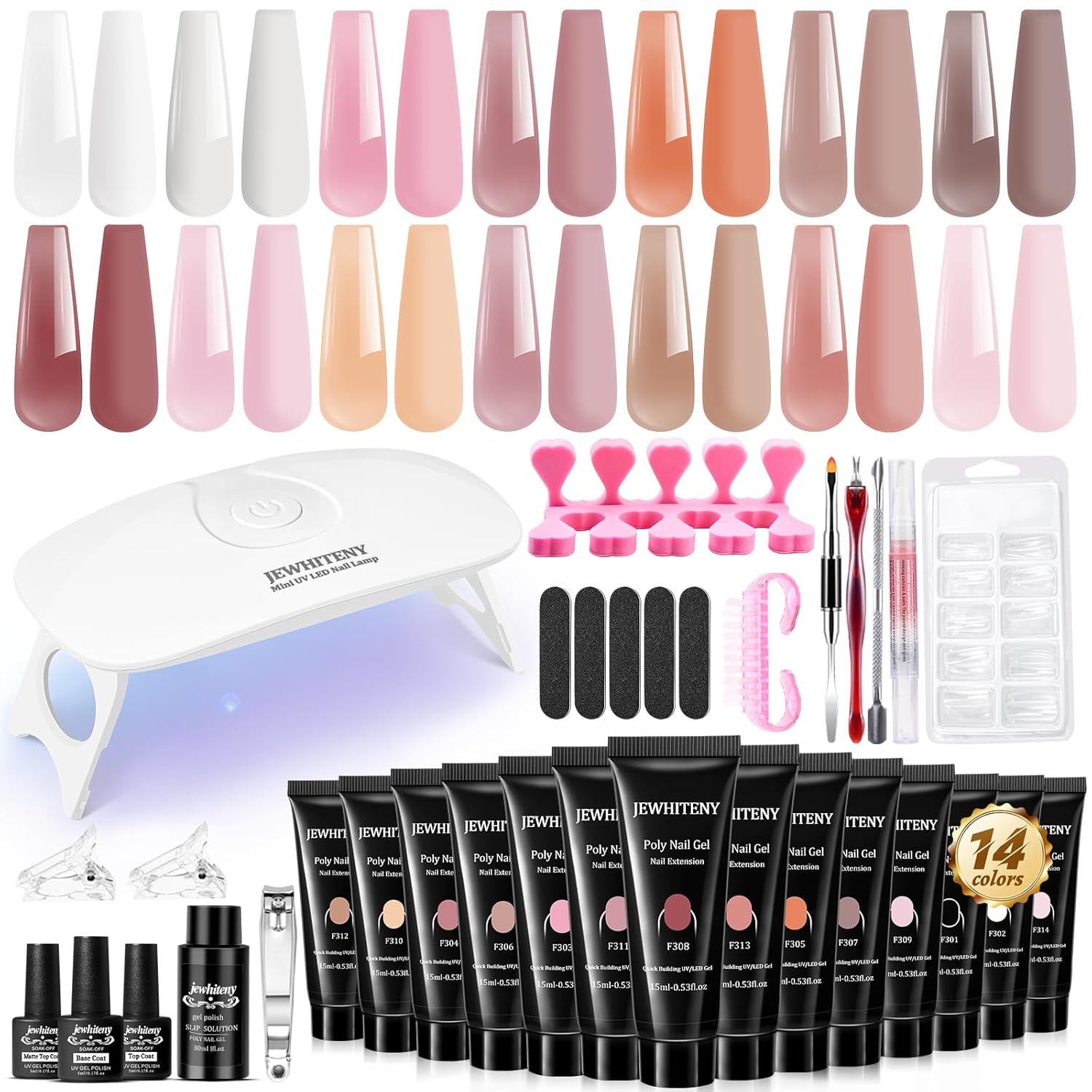 JEWHITENY Poly Extension Gel Nail Kit 14 PCS Poly Gel With Mini Nail Lamp Poly N...