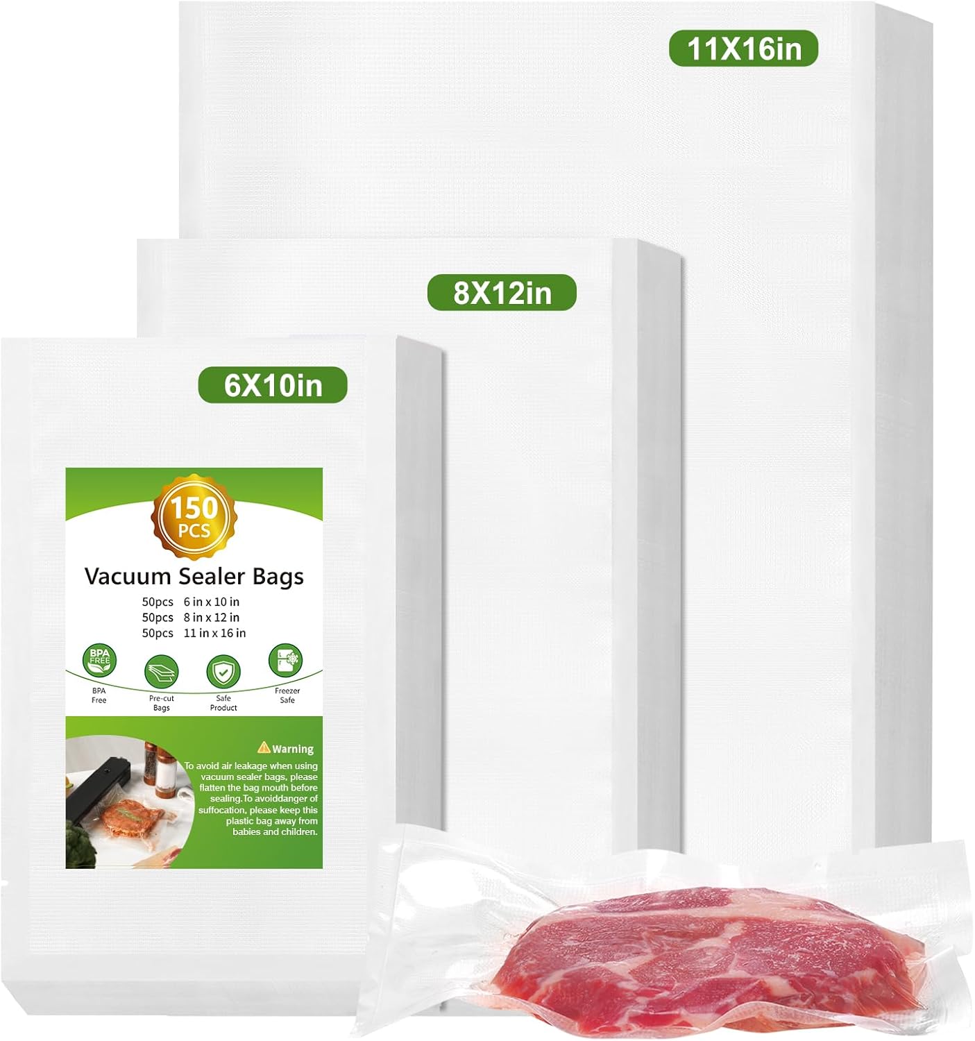 Moretoes 150pcs Vacuum Sealer Bags, Gallon 11" x 16" and Quart 8" x 12" and Pint...