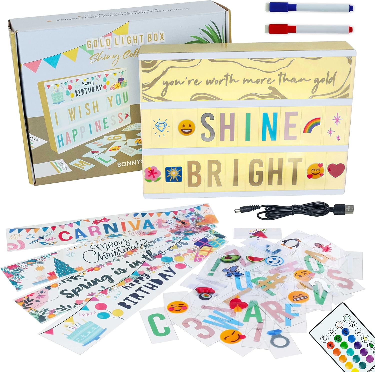 BONNYCO Cinema Light Box A4 Gold 16 Colours with 400 Letters and Emojis, 10 Prem...