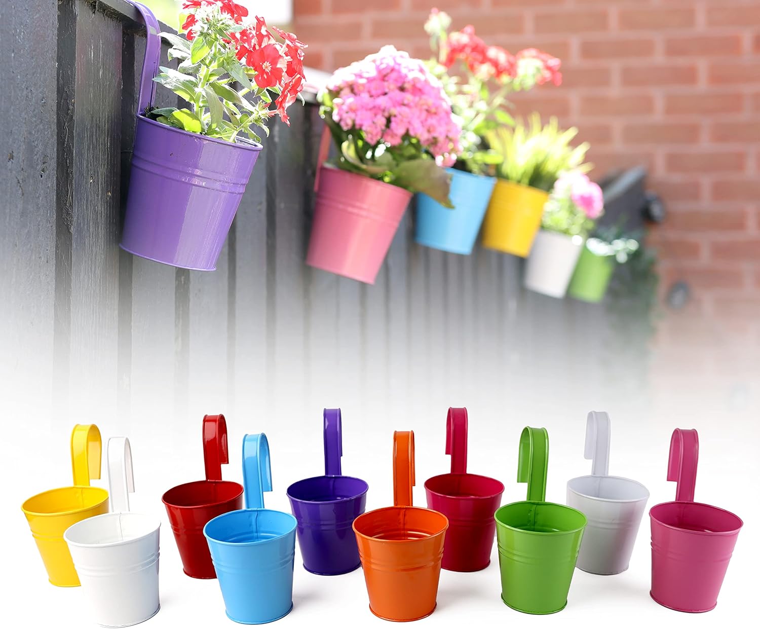 DIVCHI Large Metal Flower Pot Vase Bucket Fence Hanging Pots Garden Planter With...