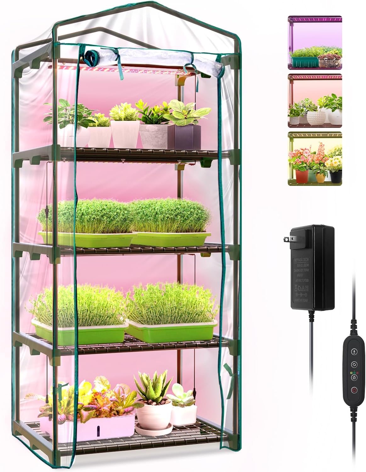 Indoor Greenhouse with Grow Lights, 4 Tier 27.2" L×19.9" W×61.8" H Mini Greenhou...