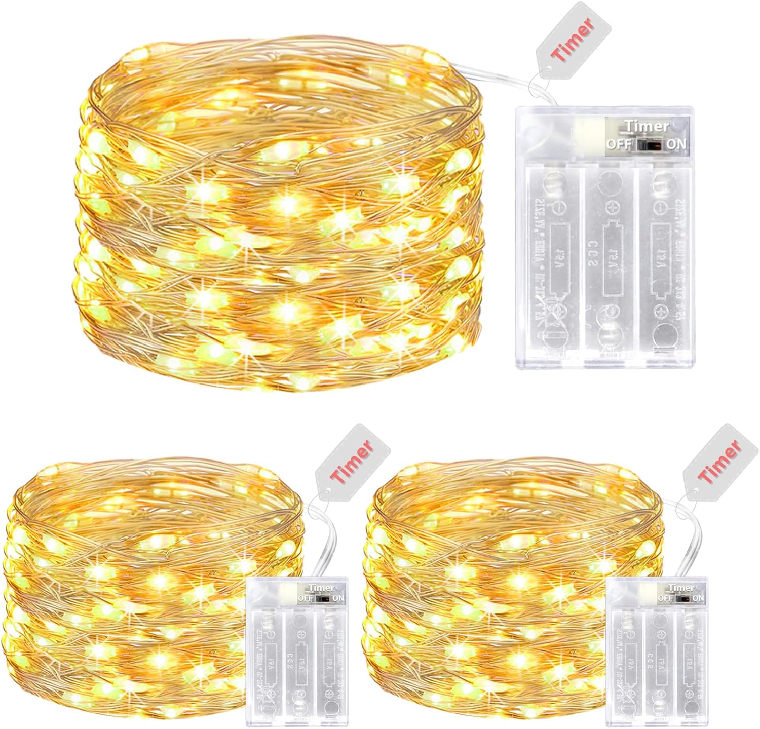 litogo Fairy Lights Battery Operated with Timer, [3 Packs/5M/50 LED] Copper Wire...
