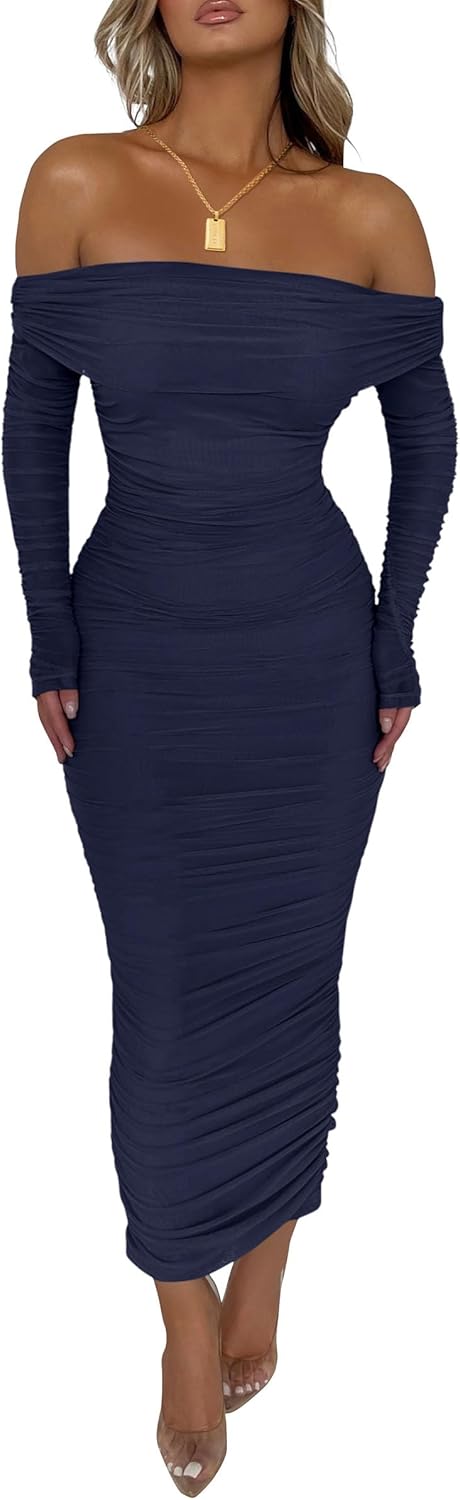 PRETTYGARDEN Women's Fall Off Shoulder Maxi Bodycon Dress Long Sleeve Ruched Fit...