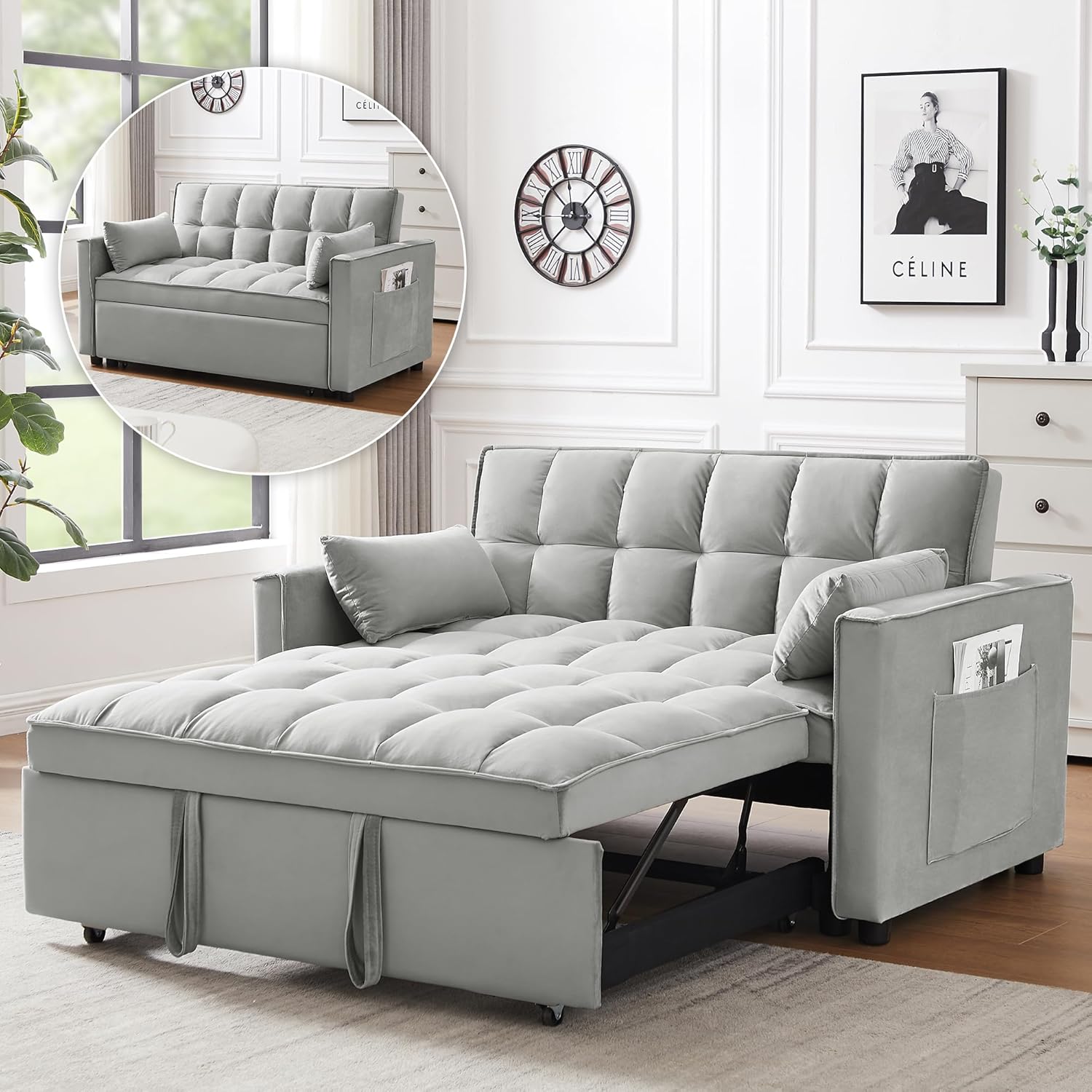 3 in 1 Convertible Sleeper Sofa Bed, Futon Couches for Living Room with Side Poc...