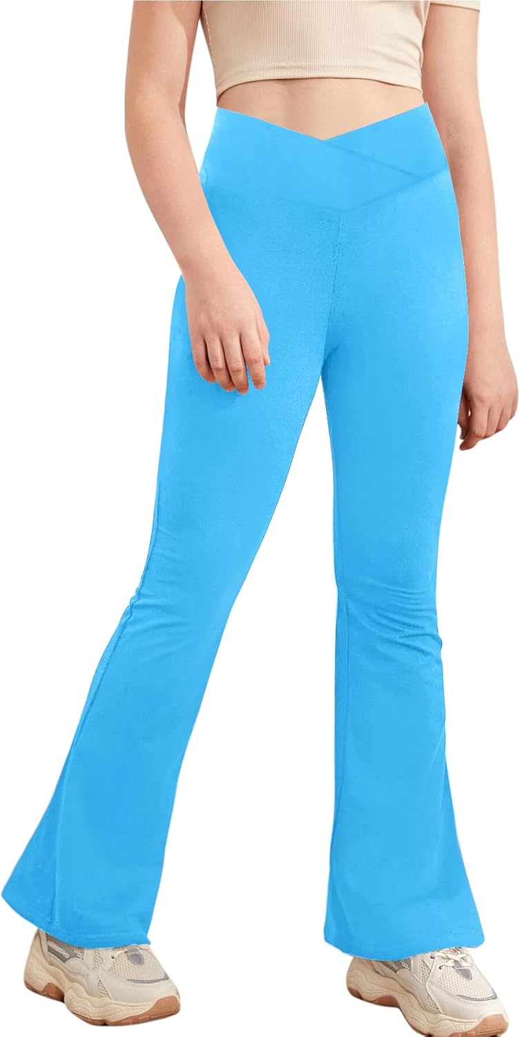 Girl's Leggings Cross High Waisted Flare Pants Yoga Bootcut Pants Solid Color Fu...