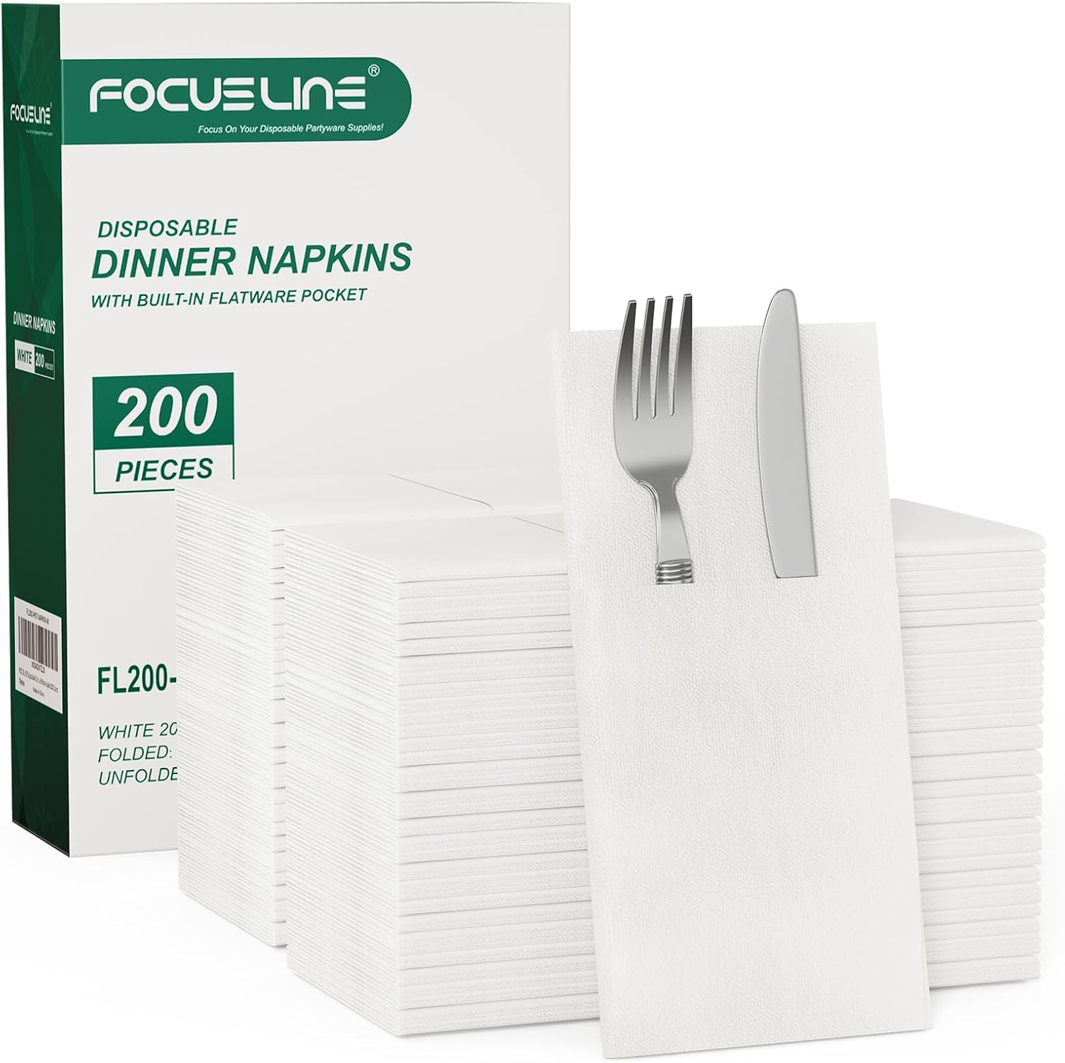 FOCUSLINE 200 Count Disposable Cloth-Like Napkins, Built-in Flatware Pocket, Pre...