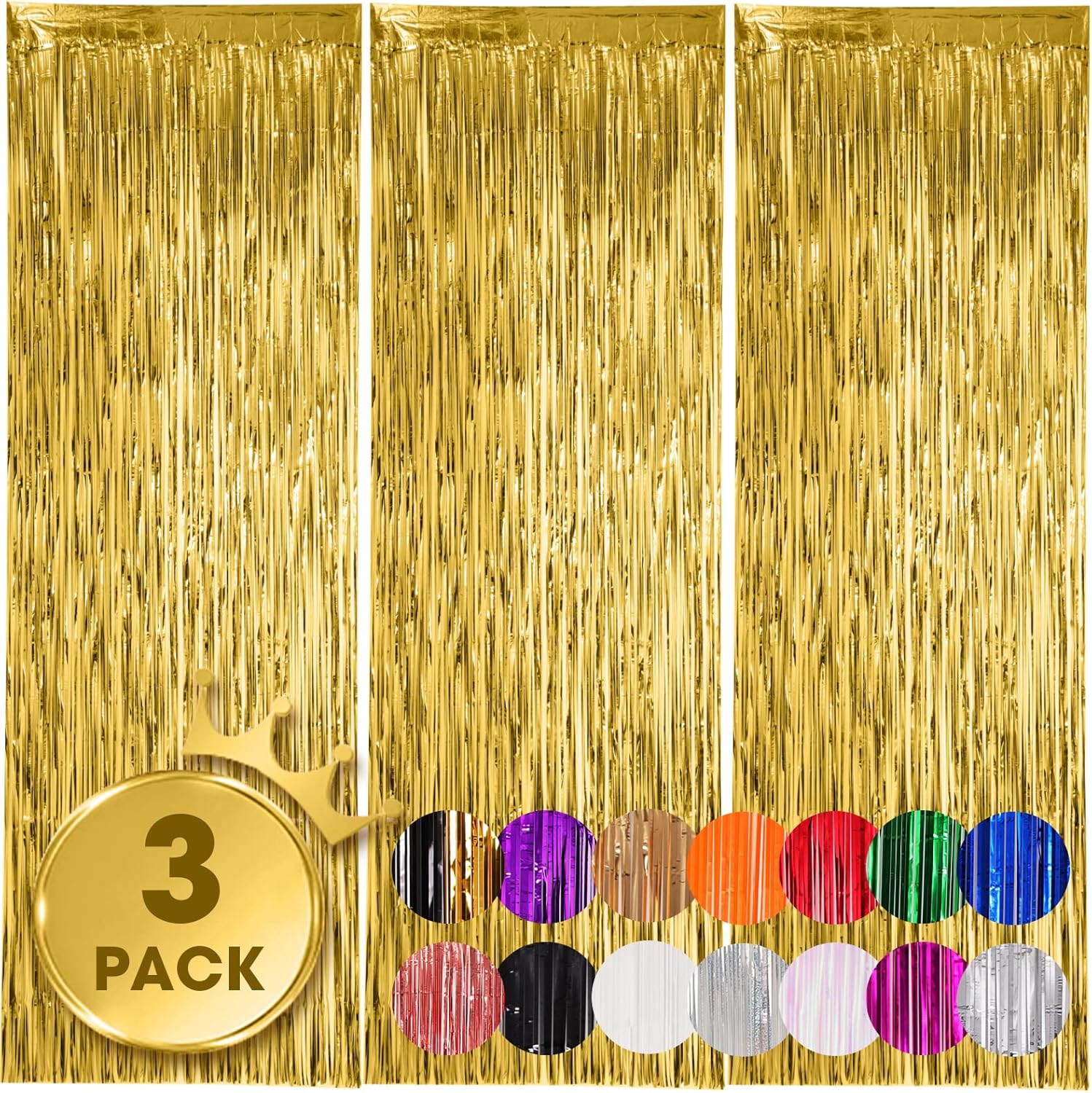 3 Pack 3.3x8.2 Feet Gold Foil Fringe Backdrop Curtains, Tinsel Streamers, Fringe...