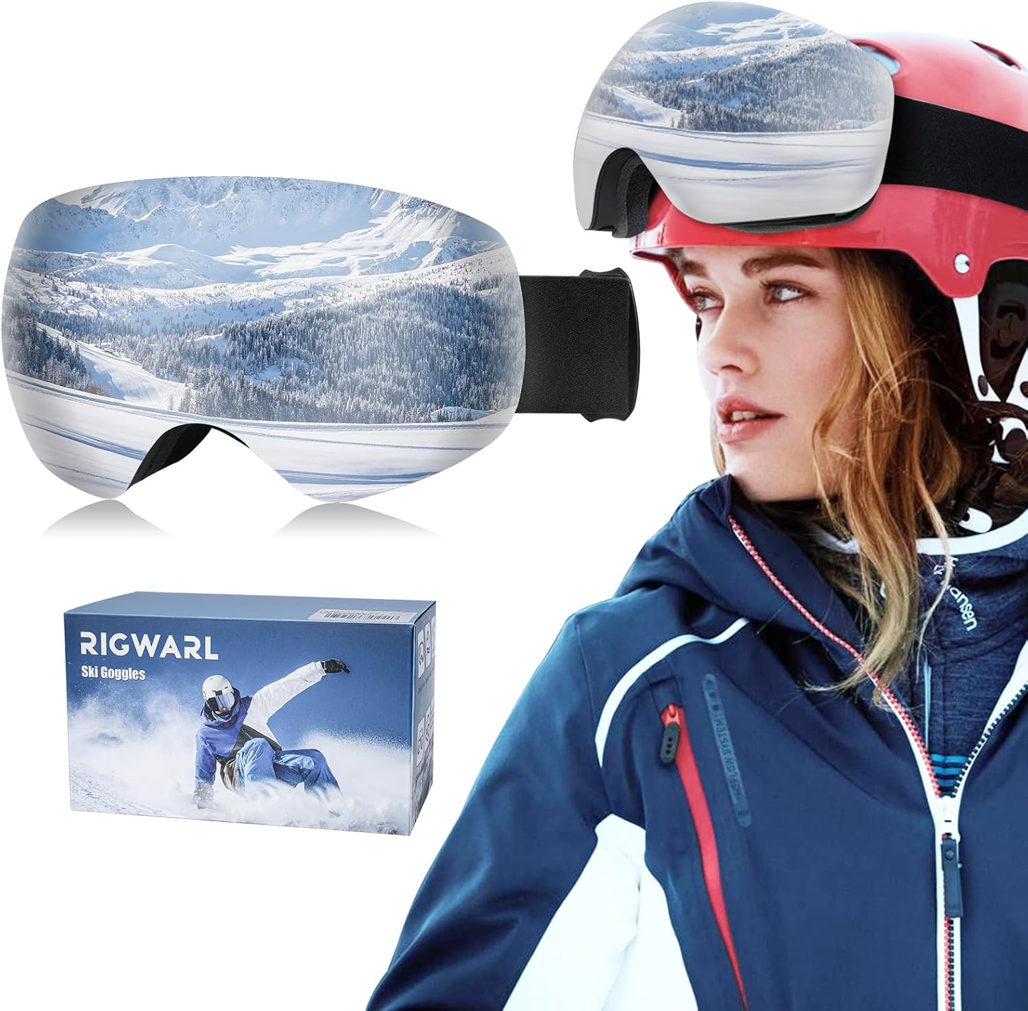 RIGWARL Ski Goggles Women Men, 100% UV Protection Anti Fog Snow Goggles, OTG Hel...