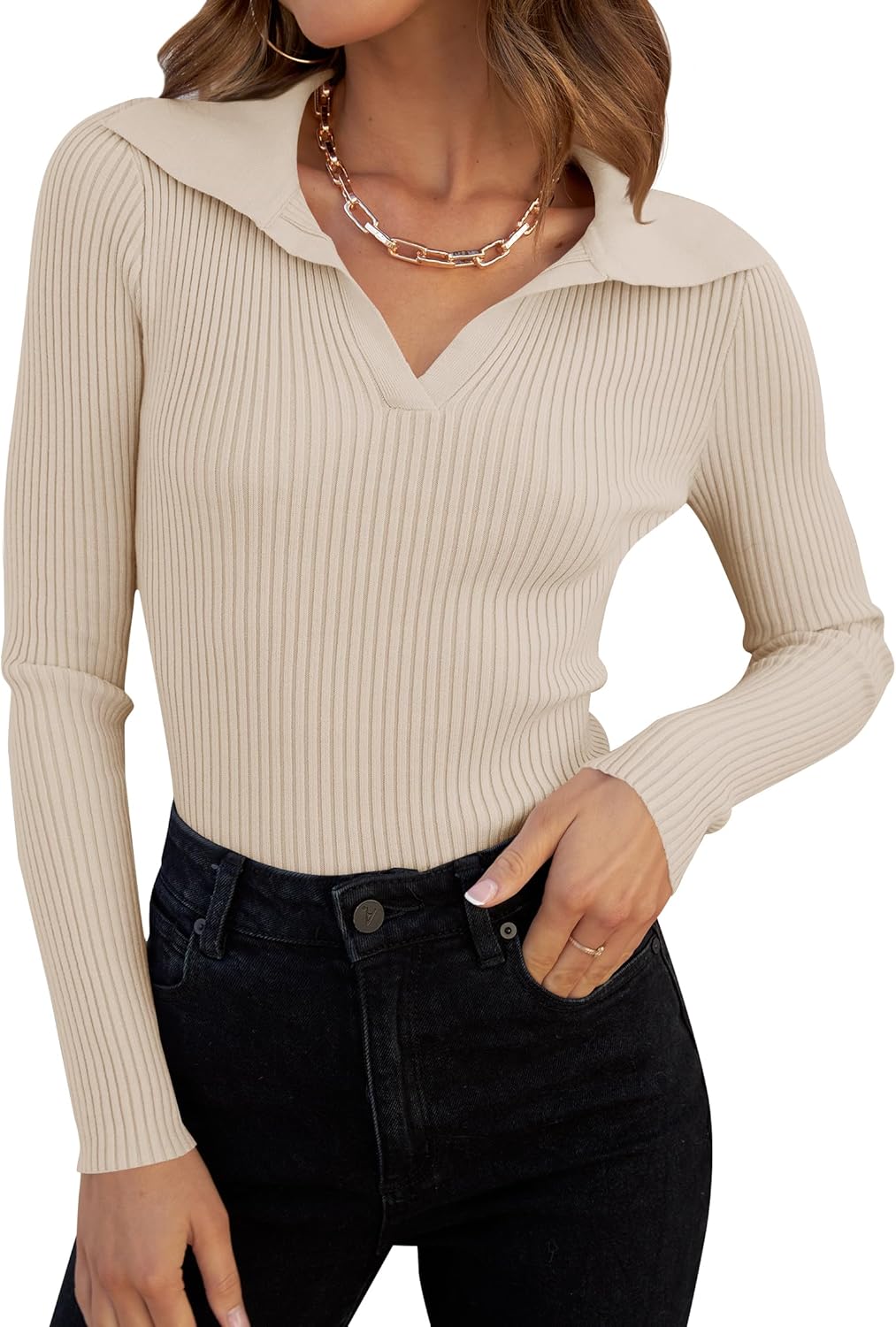 ZESICA Sweaters for Women Spring Long Sleeve V Neck Ribbed Knit Pullover Tops Ca...