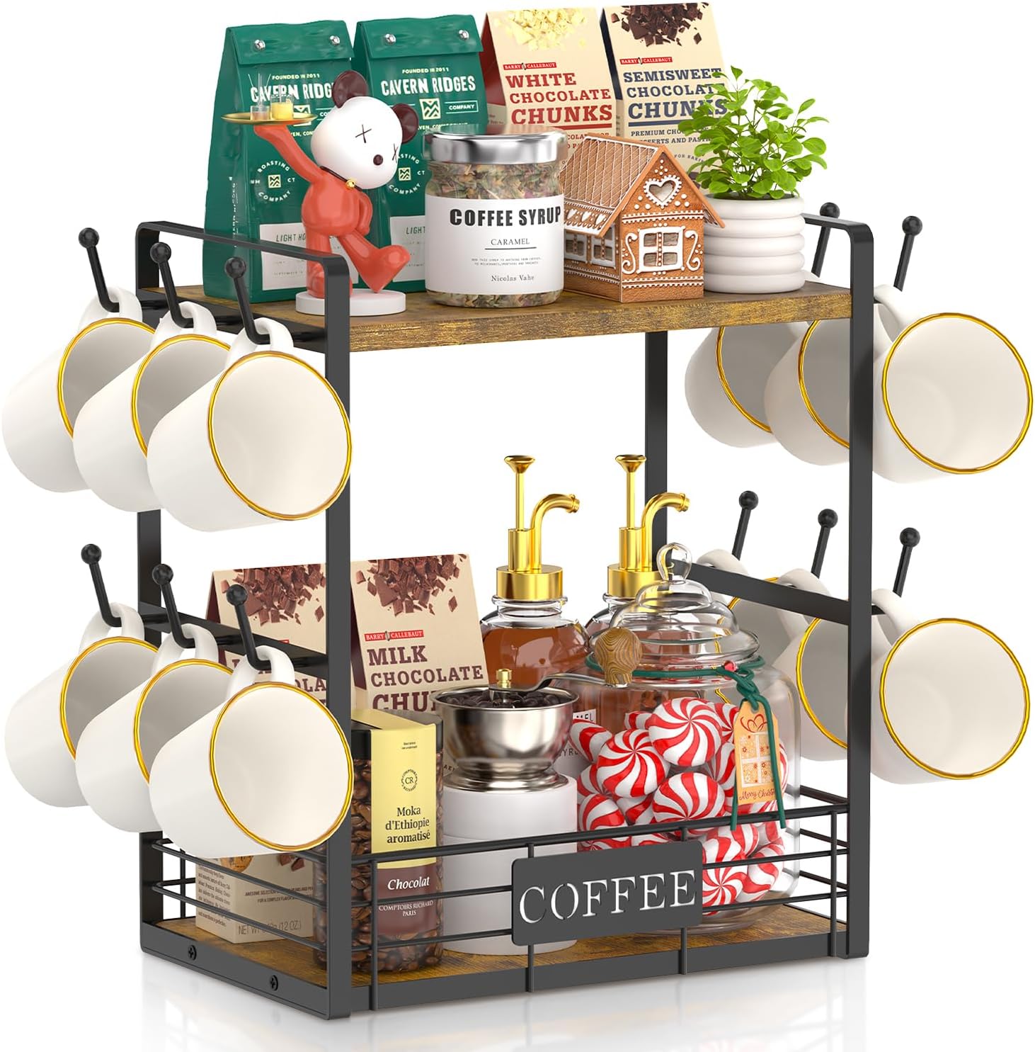 EsLuker.ly 2 Tier Coffee Bar Organizer Countertop Station Rack for Kitchen, Mult...