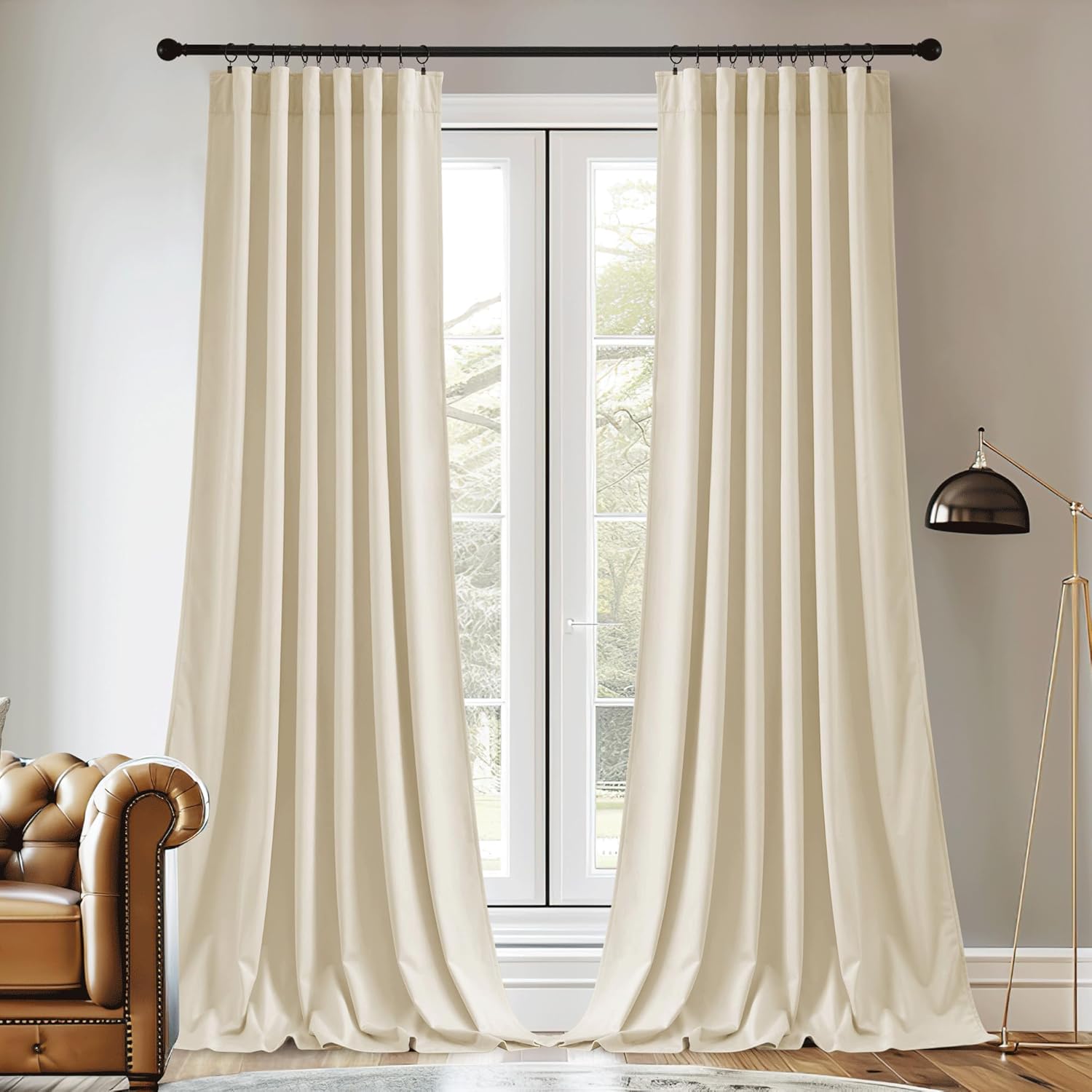 StangH Beige Room Darkening Velvet Curtains - Back Tab Hook Belt Luxury Home Dec...