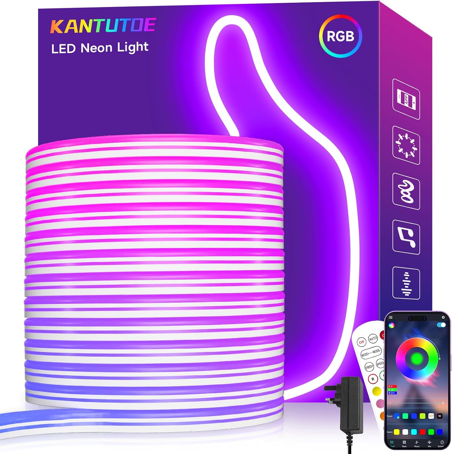 KANTUTOE LED Neon Rope Lights, 10m RGB LED Light Strip, 24V Music Sync App/Remot...