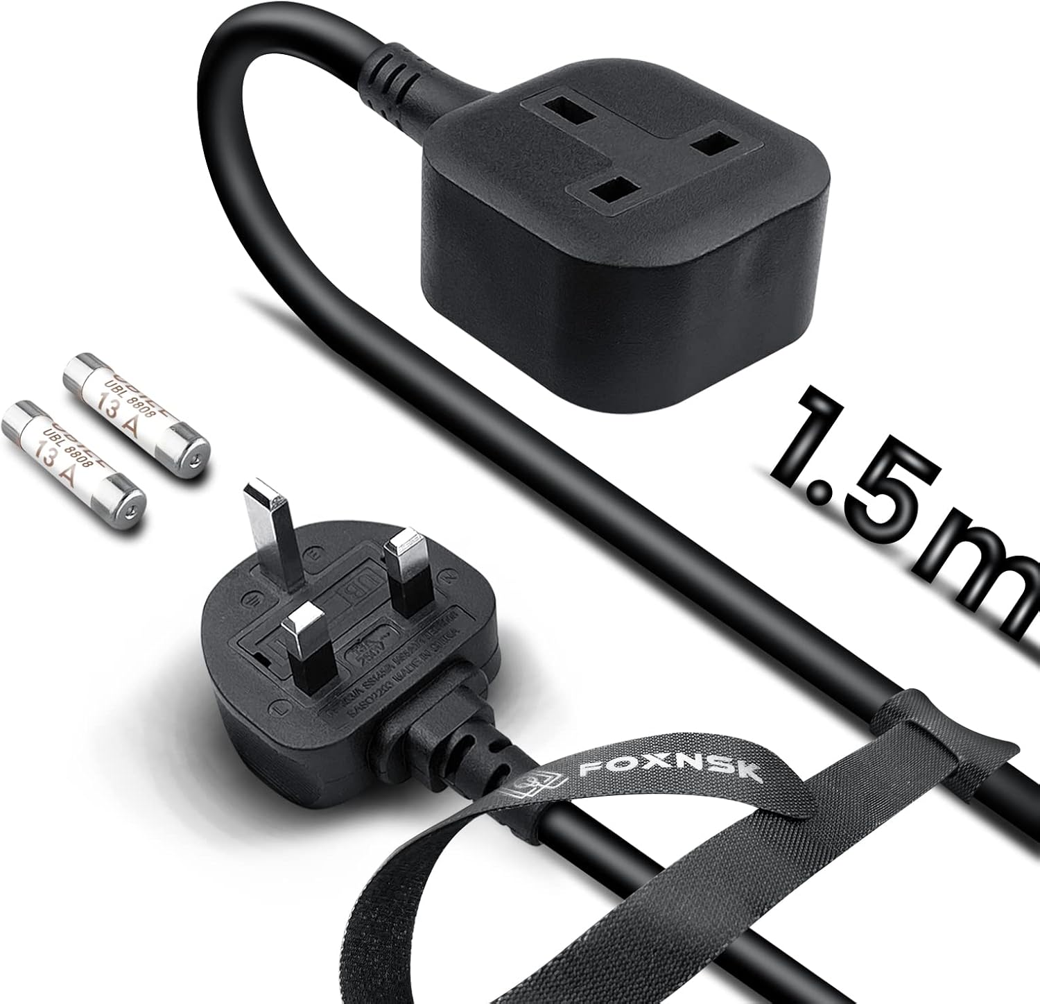 FOXNSK Single Extension Lead 1.5M, 1 Way Gang Single Plug Extension Lead Surge P...