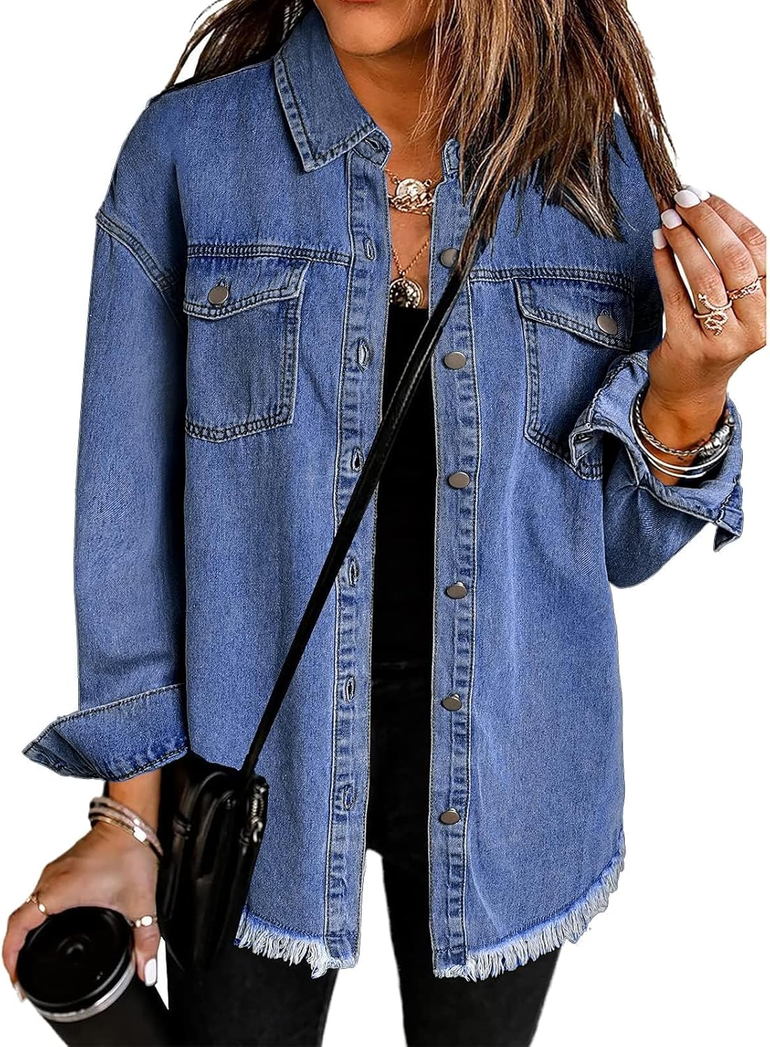 Vetinee Women’s Oversized Button Up Frayed Hem Shacket Long Sleeve Pockets Denim...