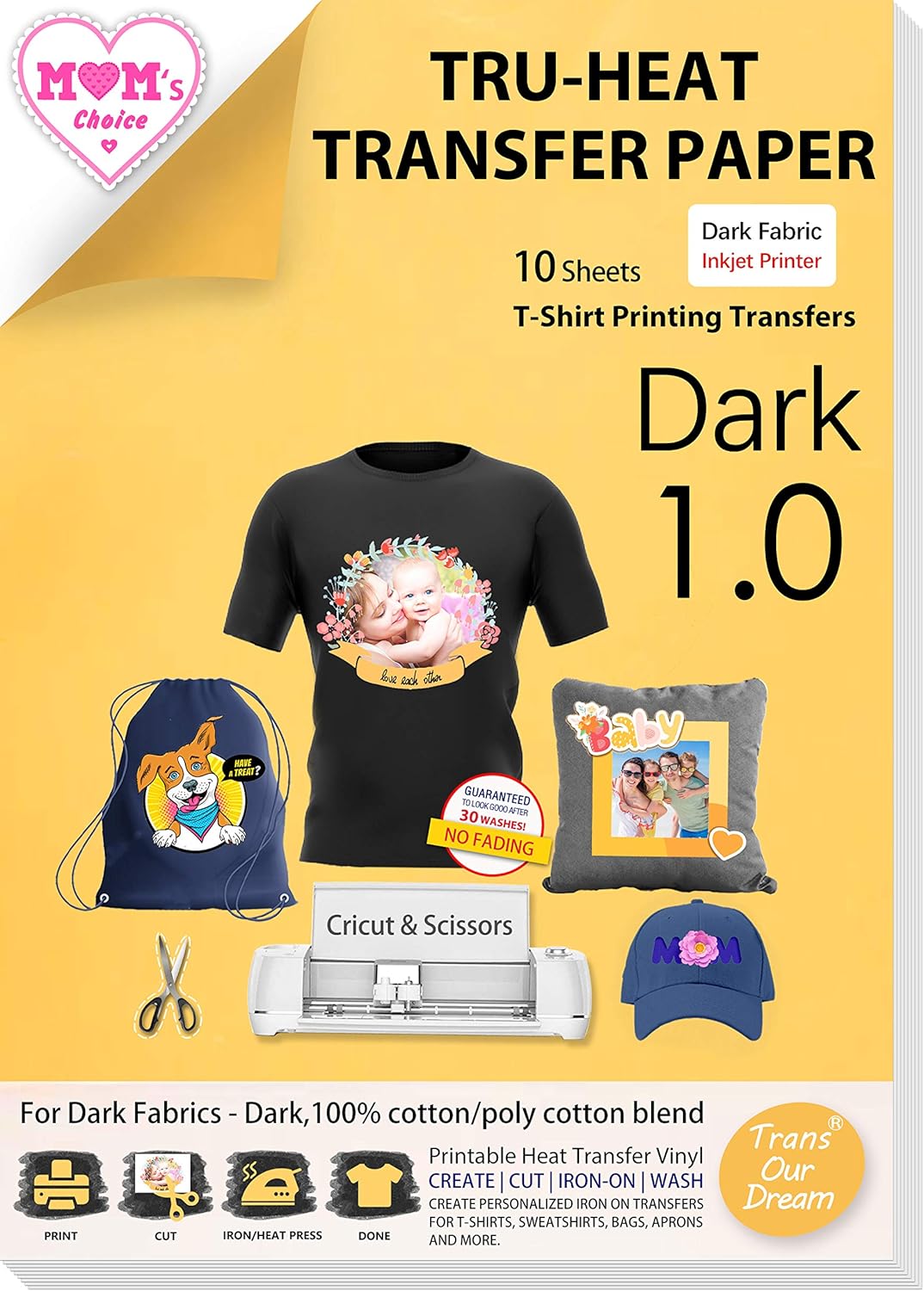 TransOurDream Tru-Heat Transfer Paper for Inkjet Printer (10 Sheets, 8.5x11") Pr...