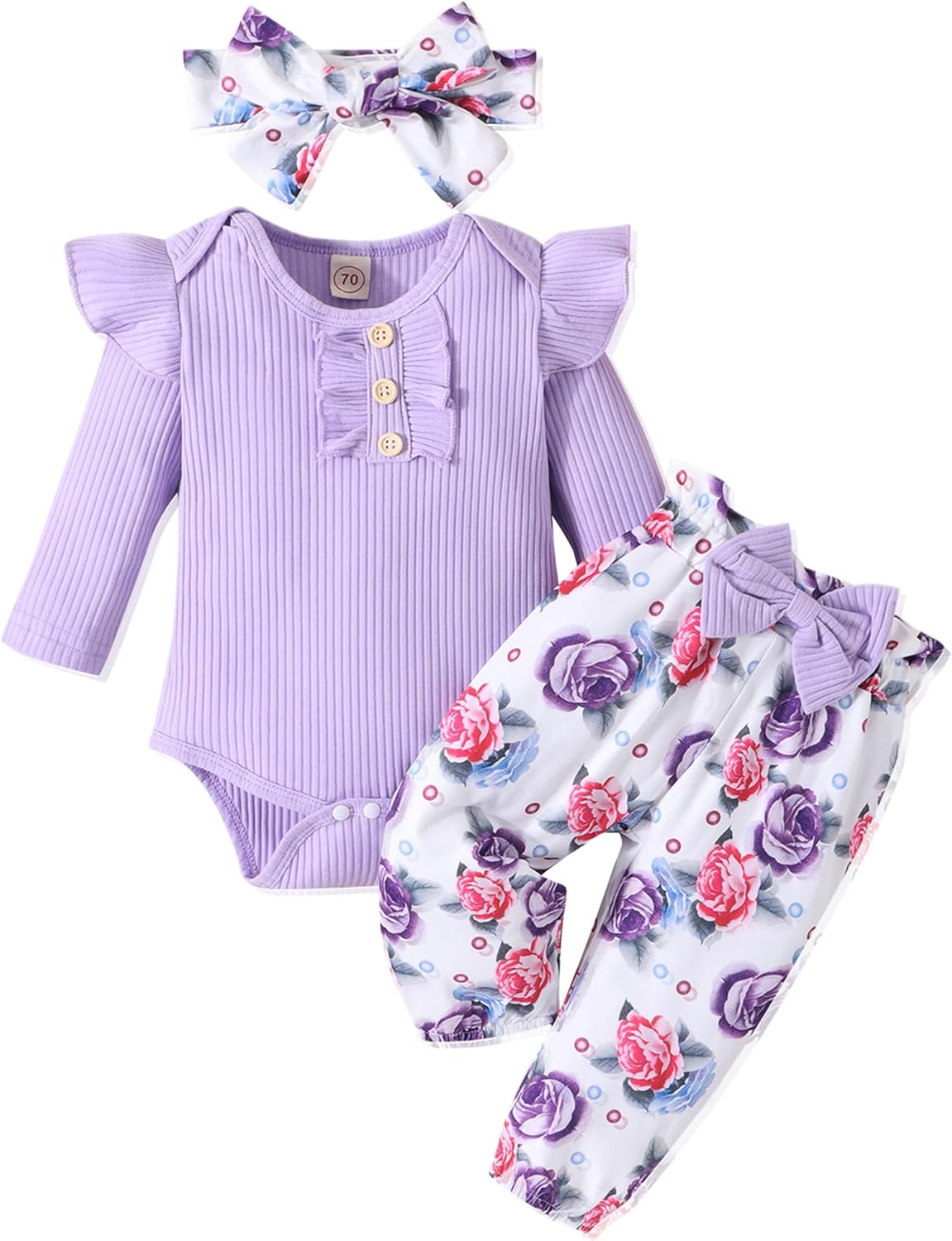 Baby Girl Clothes Newborn Infant Outfits Ruffle Romper+ Floral Pants + Cute Head...