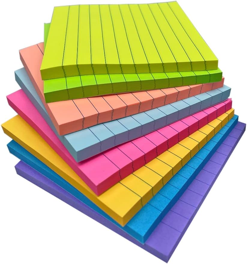 4 x 4 Inches Lined Sticky Notes for Post,8 Bright Colors Self-Stick Notes, 50 Sh...