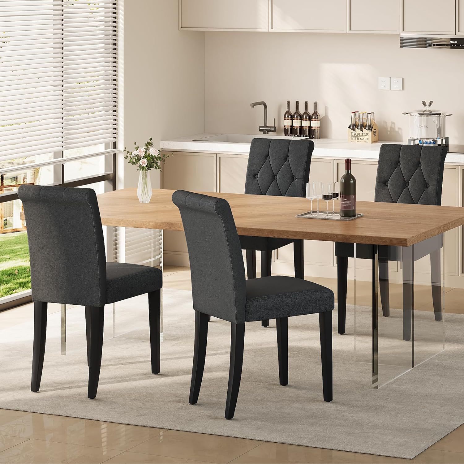 Upholstered Dining Chairs Set of 4, Button Tufted Parsons Dining Chair with Soli...