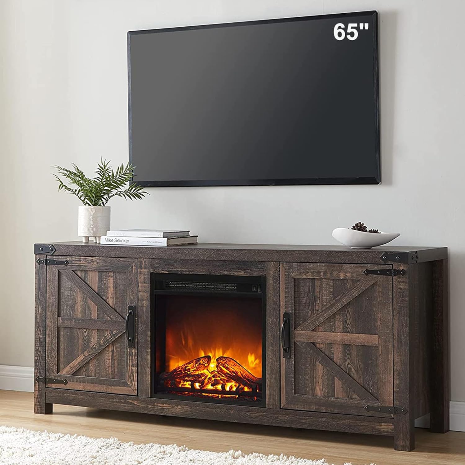 T4TREAM Fireplace TV Stand for 65 Inch TV, Farmhouse Barn Door Media Console, En...