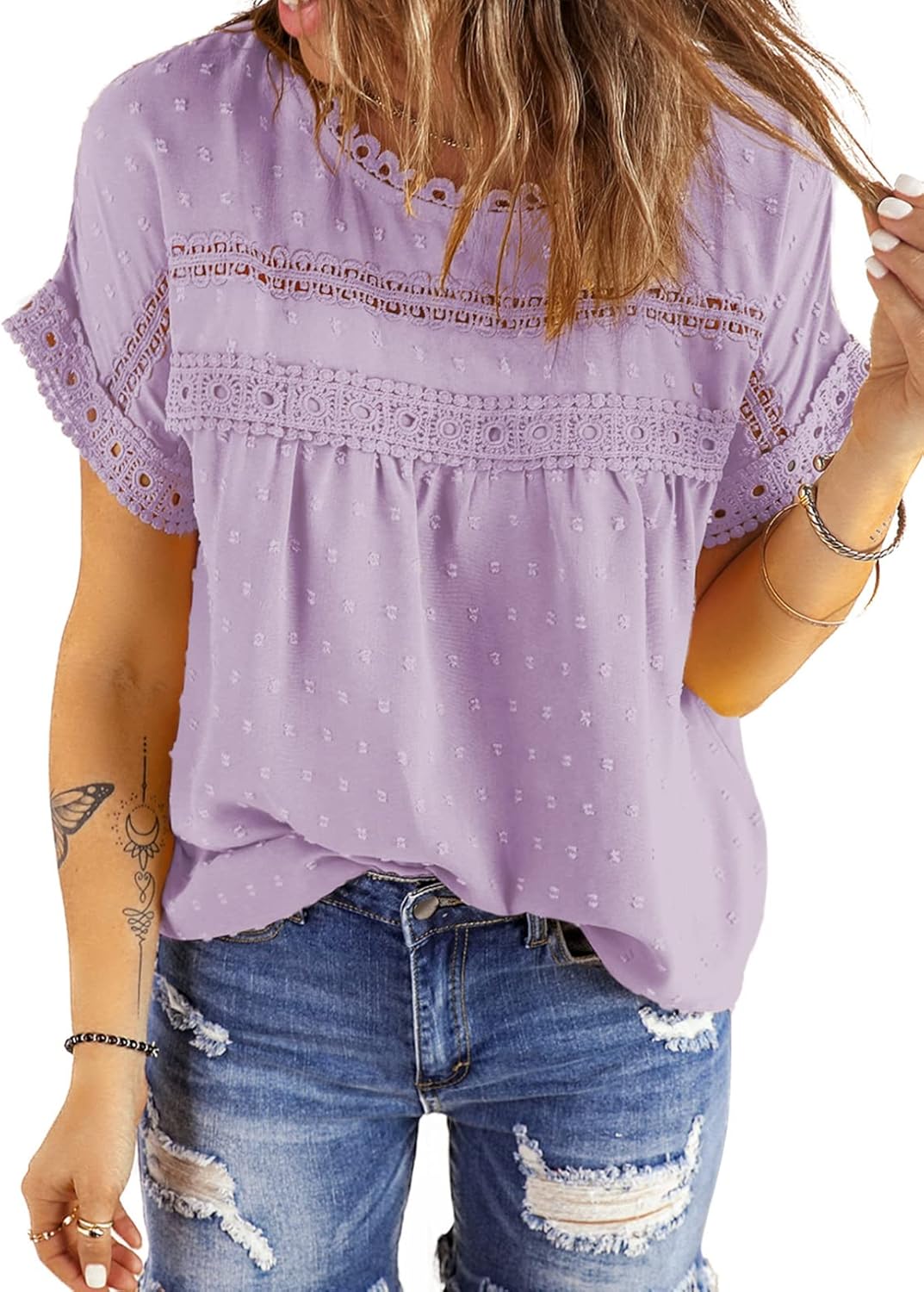 Dokotoo Womens Summer Tops Crewneck Lace Crochet Short Sleeve Shirts Casual Chif...