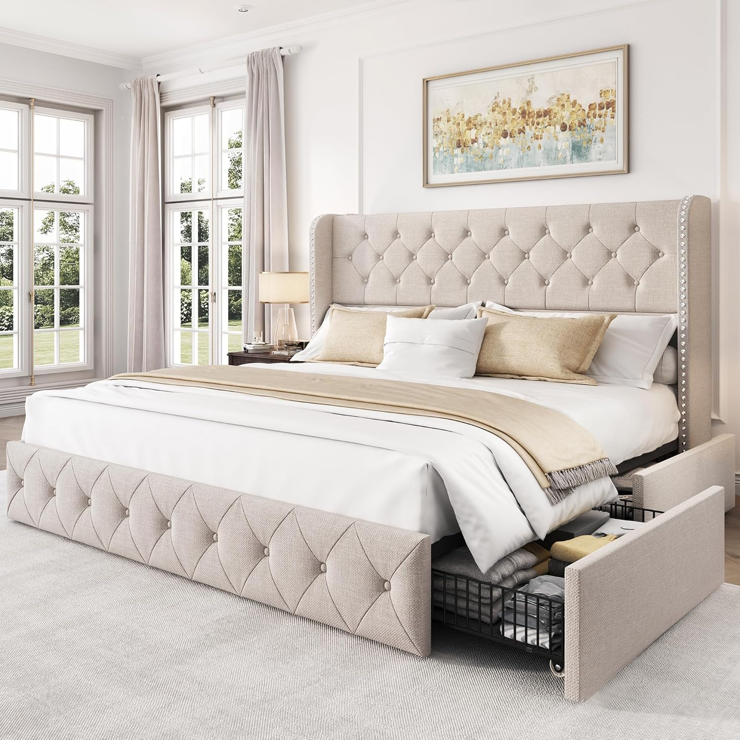 King Size Bed Frame with 4 Storage Drawers and Tufted Headboard Linen Upholstere...