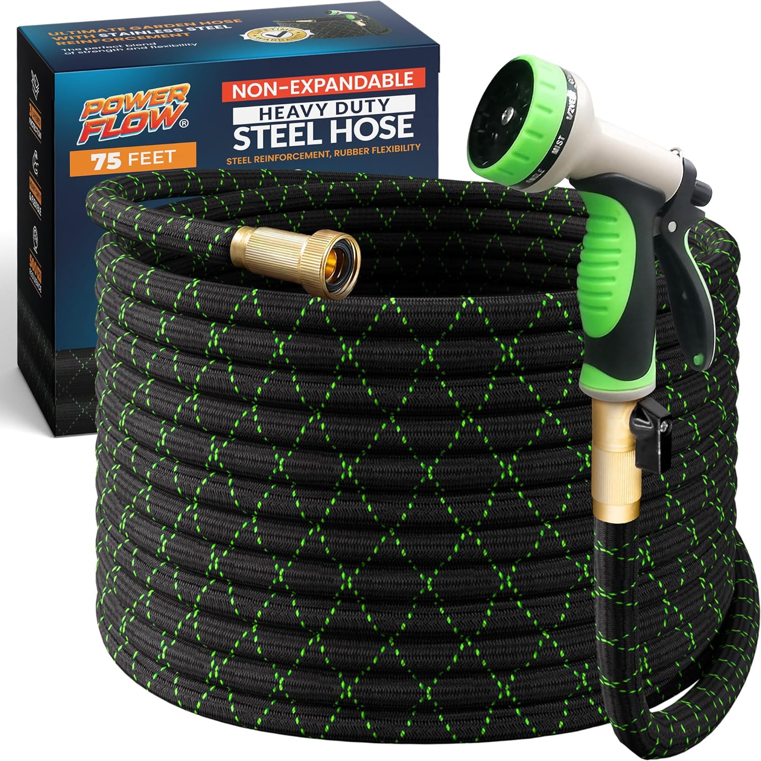 PowerFlow Garden Hose, NON-EXPANDABLE 75 Feet Premium Quality Stainless Steel Me...