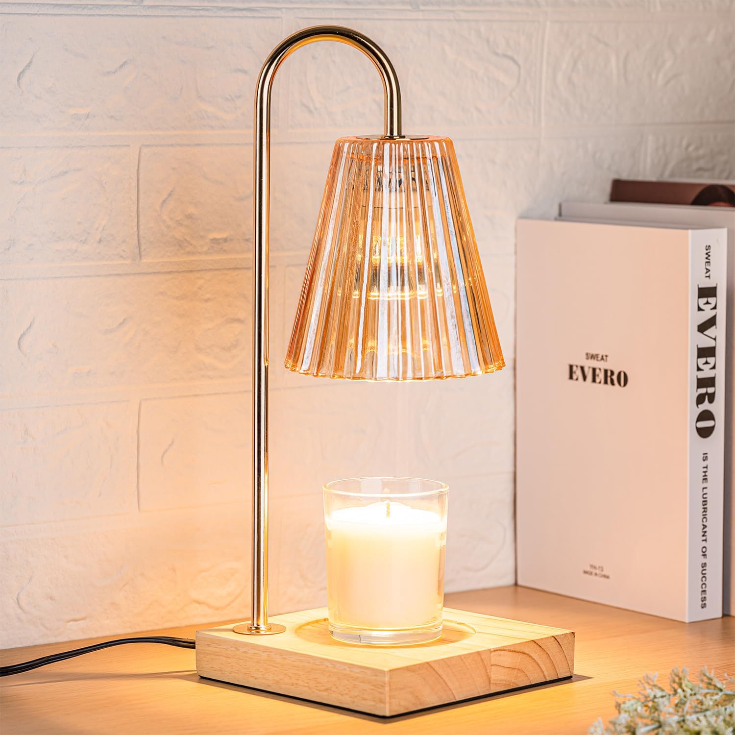 Candle Warmer Lamp with Timer, Vintage Amber Nightstand Lamp with 2 Bulbs for Ho...