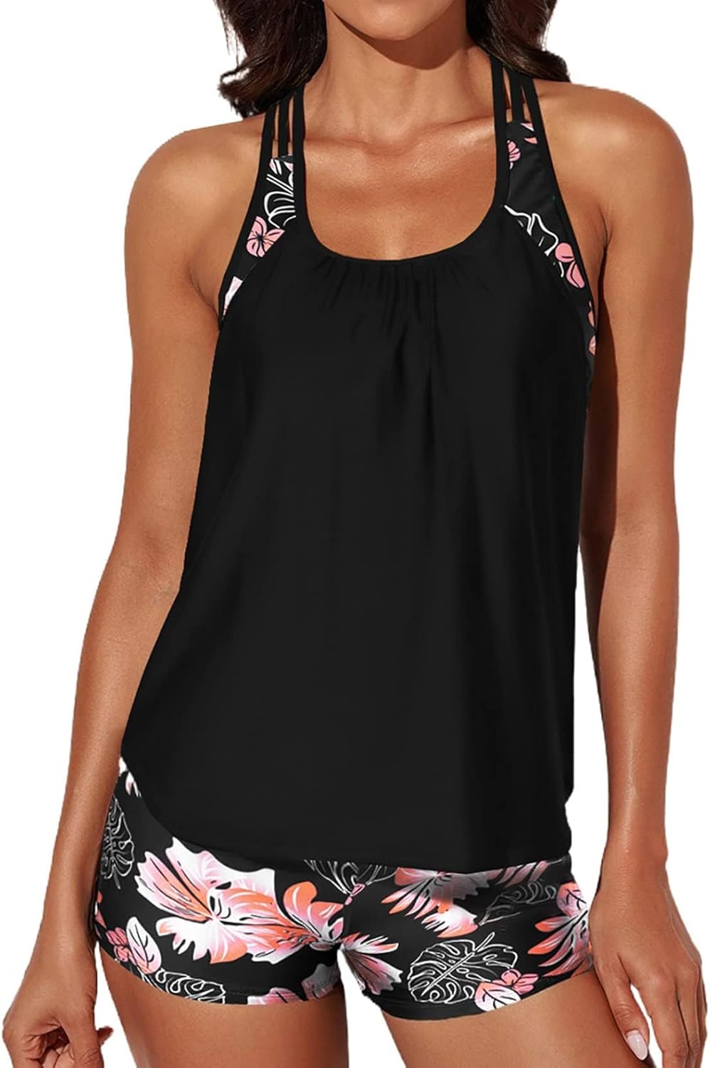 Aleumdr Womens Blouson Striped Printed Push up Strappy T-Back Tankini Top with S...