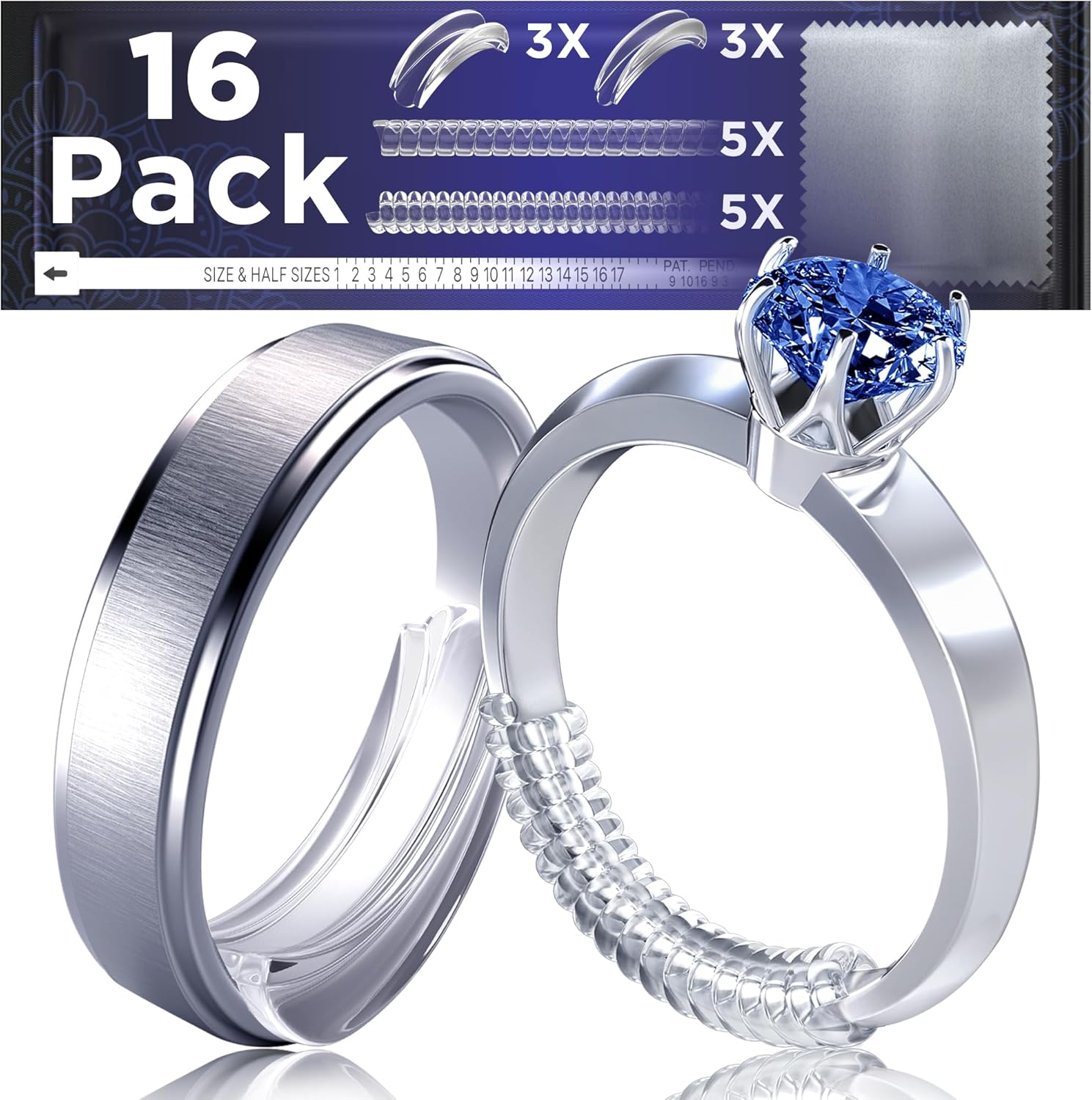 TECEUM Ring Size Adjuster Kit for Loose Rings – Set of 10 Spiral & 6 Pad Ring Gu...
