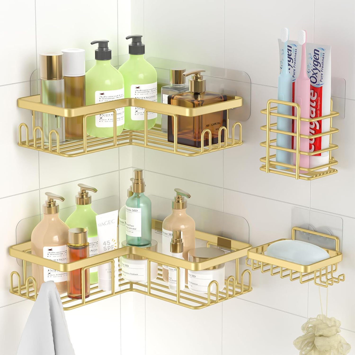 Ruhetfam Shower Caddy, 4 Pack Corner Shelf Bathroom Storage, Bathroom Shelf Adhe...