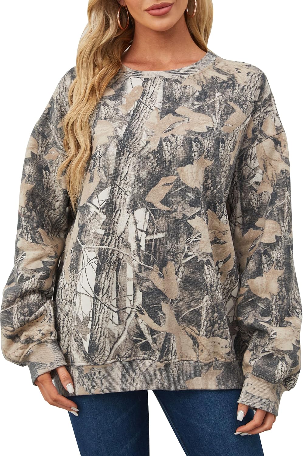 Womens Camo Sweatshirt Maple Leaf Print Oversized Camo Crewneck Sweatshirt Fleec...