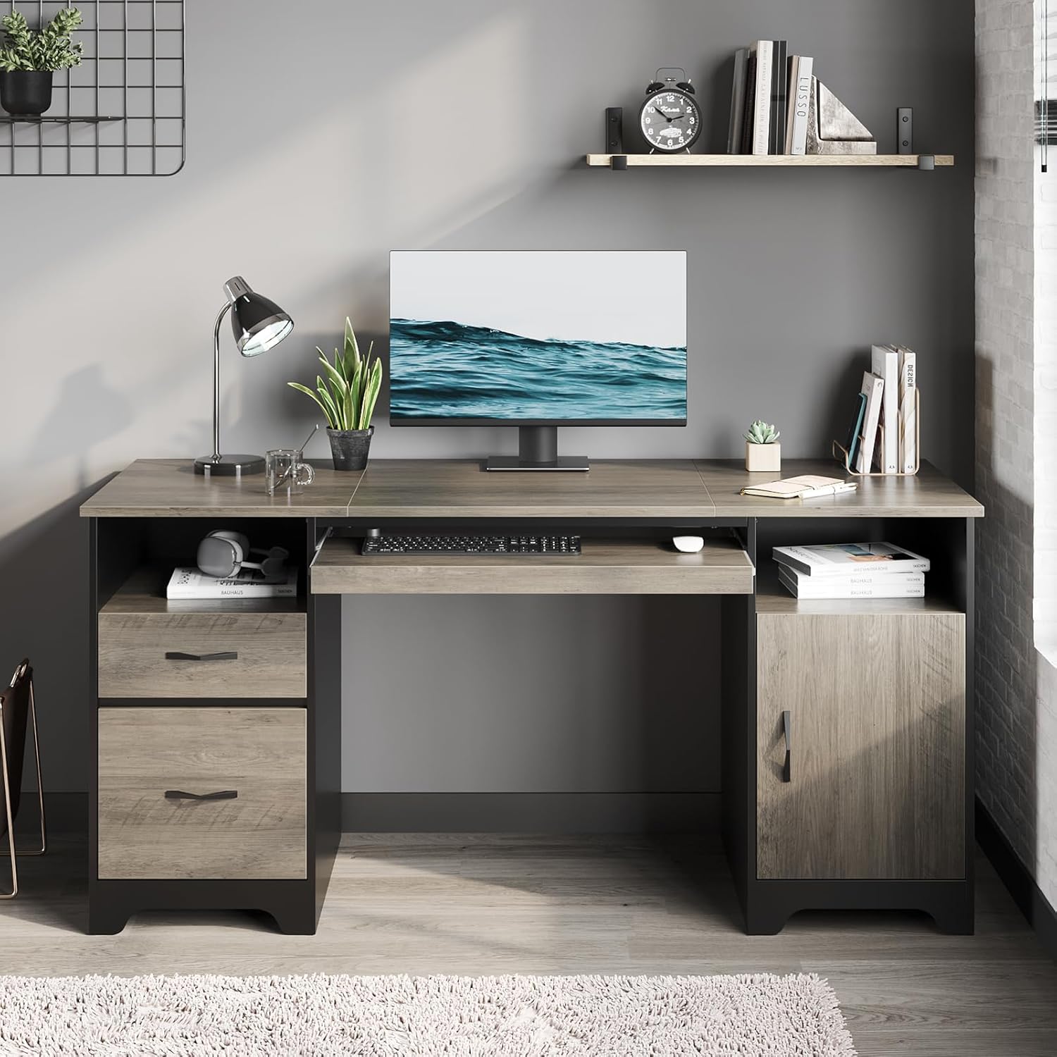 Bestier 59” Executive Desk with 2 Drawers, Computer Desk with Storage Cabinet, I...