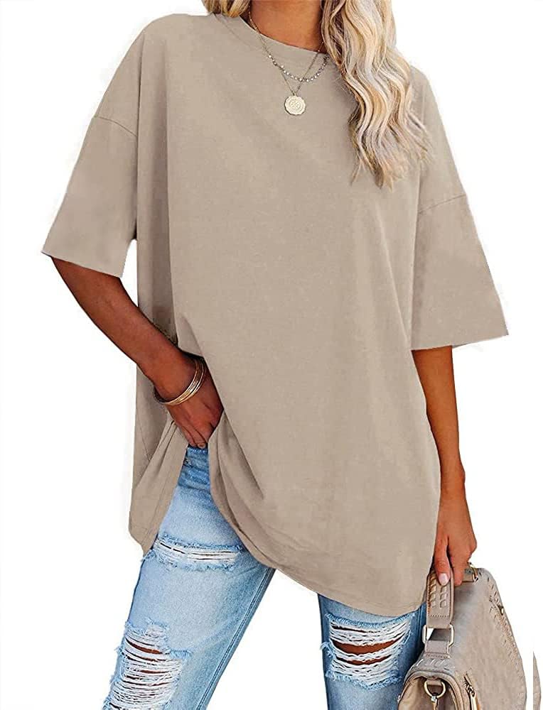 Fisoew Women's Oversized T Shirts Tees Half Sleeve Crew Neck Cotton Tunic Tops L...