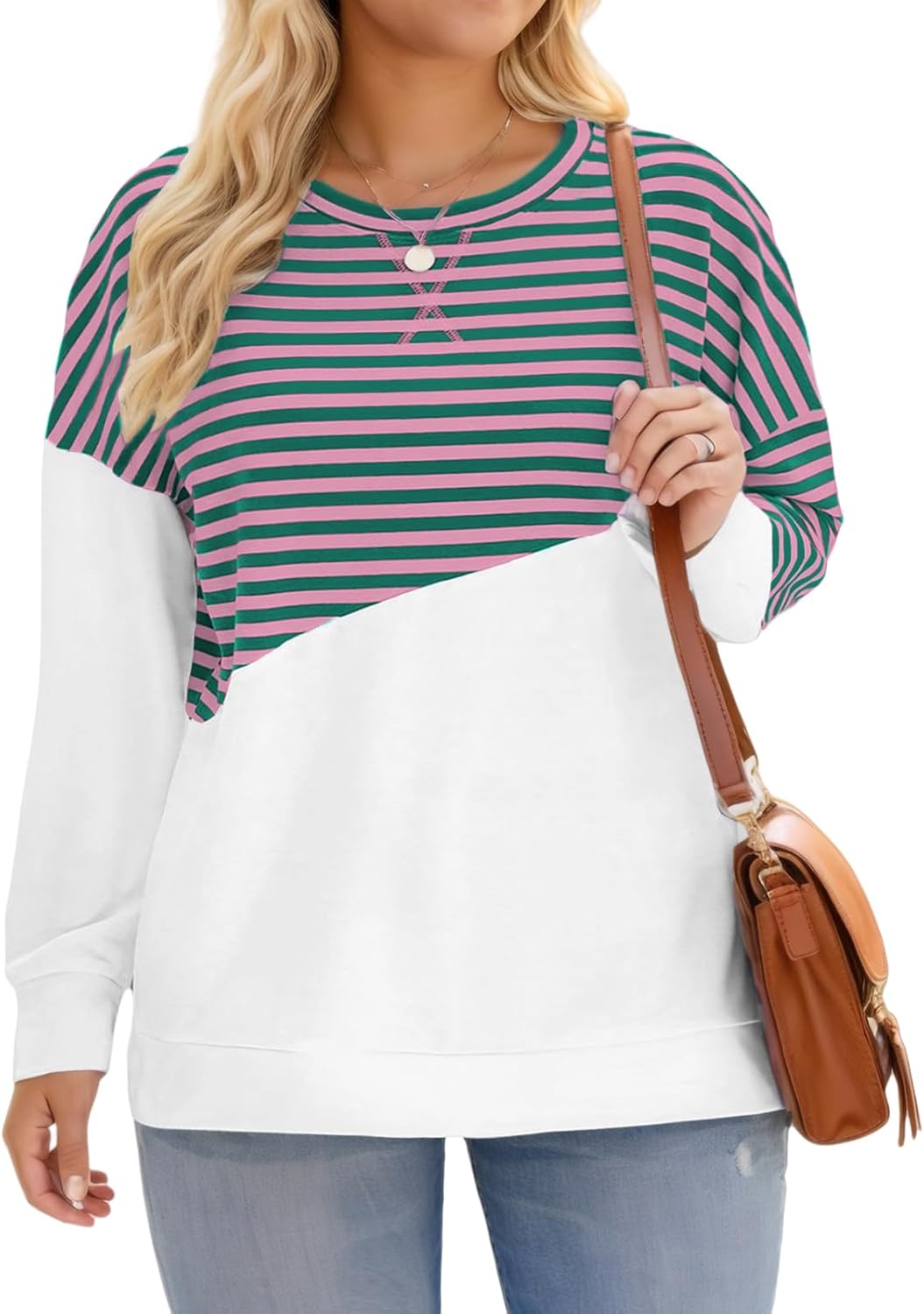 ROSRISS Womens Plus Size Sweatshirts Long Sleeve Side Split Striped Colorblock T...