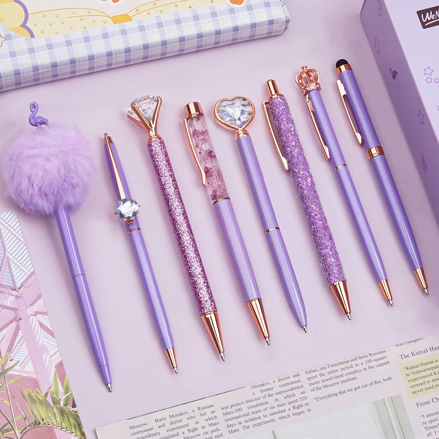 WEMATE 8Pcs Ballpoint Pens Set Metal Crystal Diamond Pen Glitter Pen for Journal...