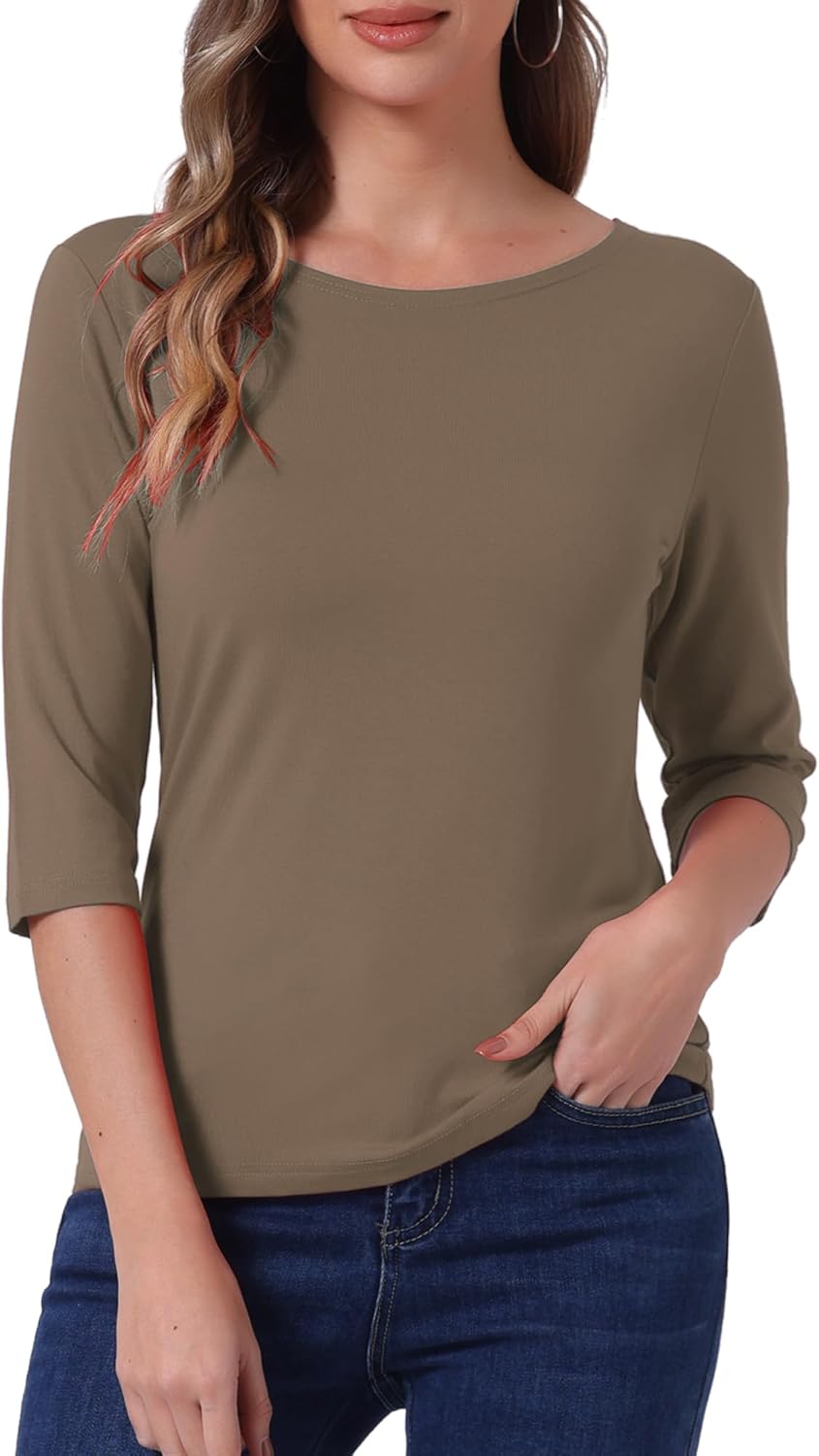 Allegra K Women's Casual Round Neck Elbow Sleeve t Shirts Slim Fit Blouses Tops...