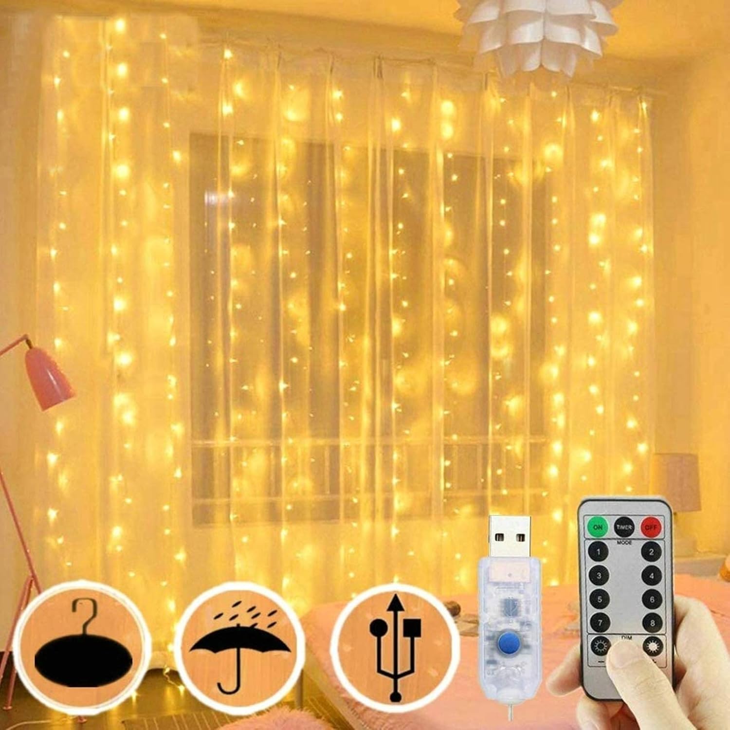 FANSIR 300 LED Curtain Lights, USB Plug in Window Lights 3m x 3m 8 Modes Remote...