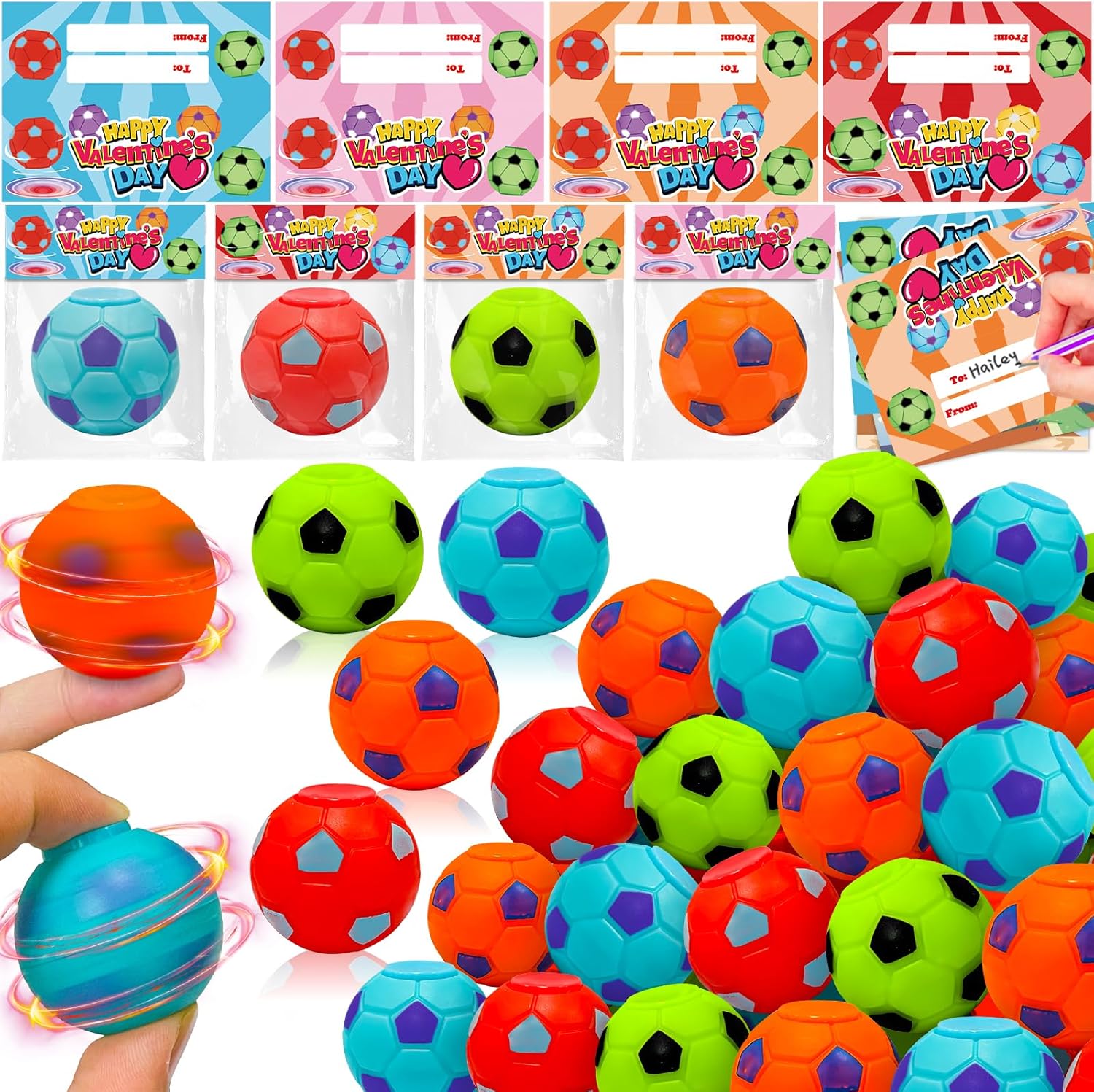AMENON Valentines Day Gifts for Kids 28 Pack Prefilled Fidget Spinning Soccer Ba...