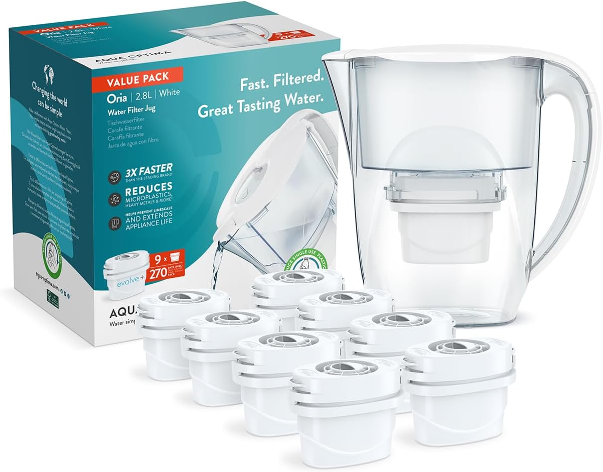Aqua Optima PJ0611 Oria Water Filter Jug & 9 x 30 Day Evolve+ Filter Cartridge,...