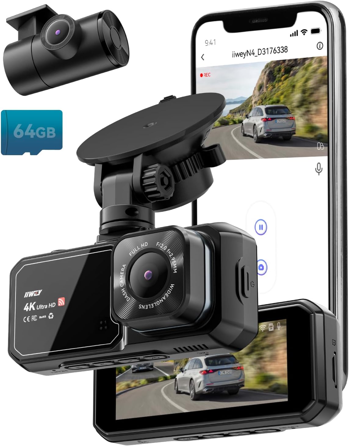 Dash Cam Front and Rear, 4K UHD Dual Dash Camera for Cars, 3.16" IPS Dashboard C...