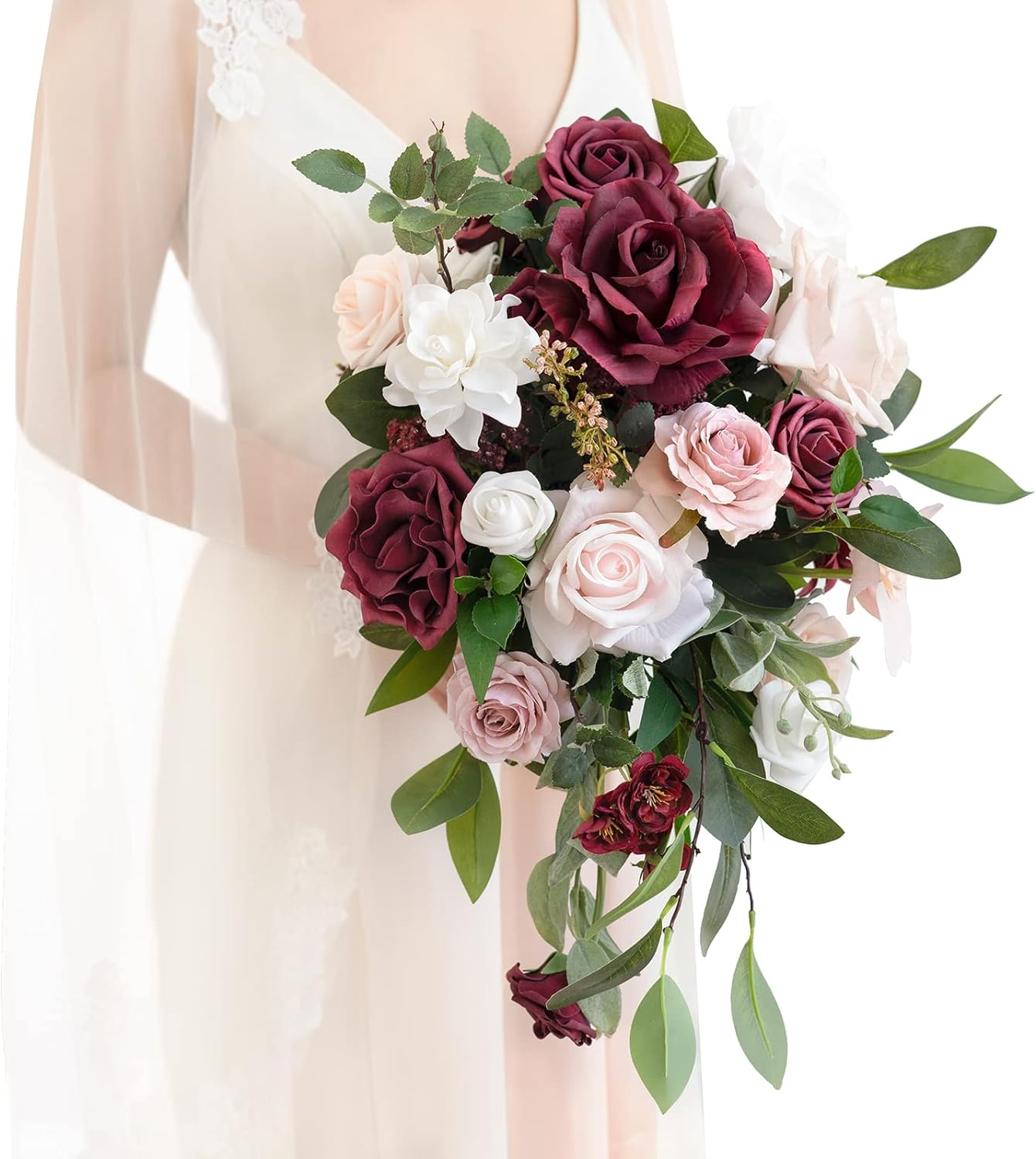 Ling's Moment Burgundy Cascading Bridal Bouquet, Marsala Wedding Bouquets for Br...