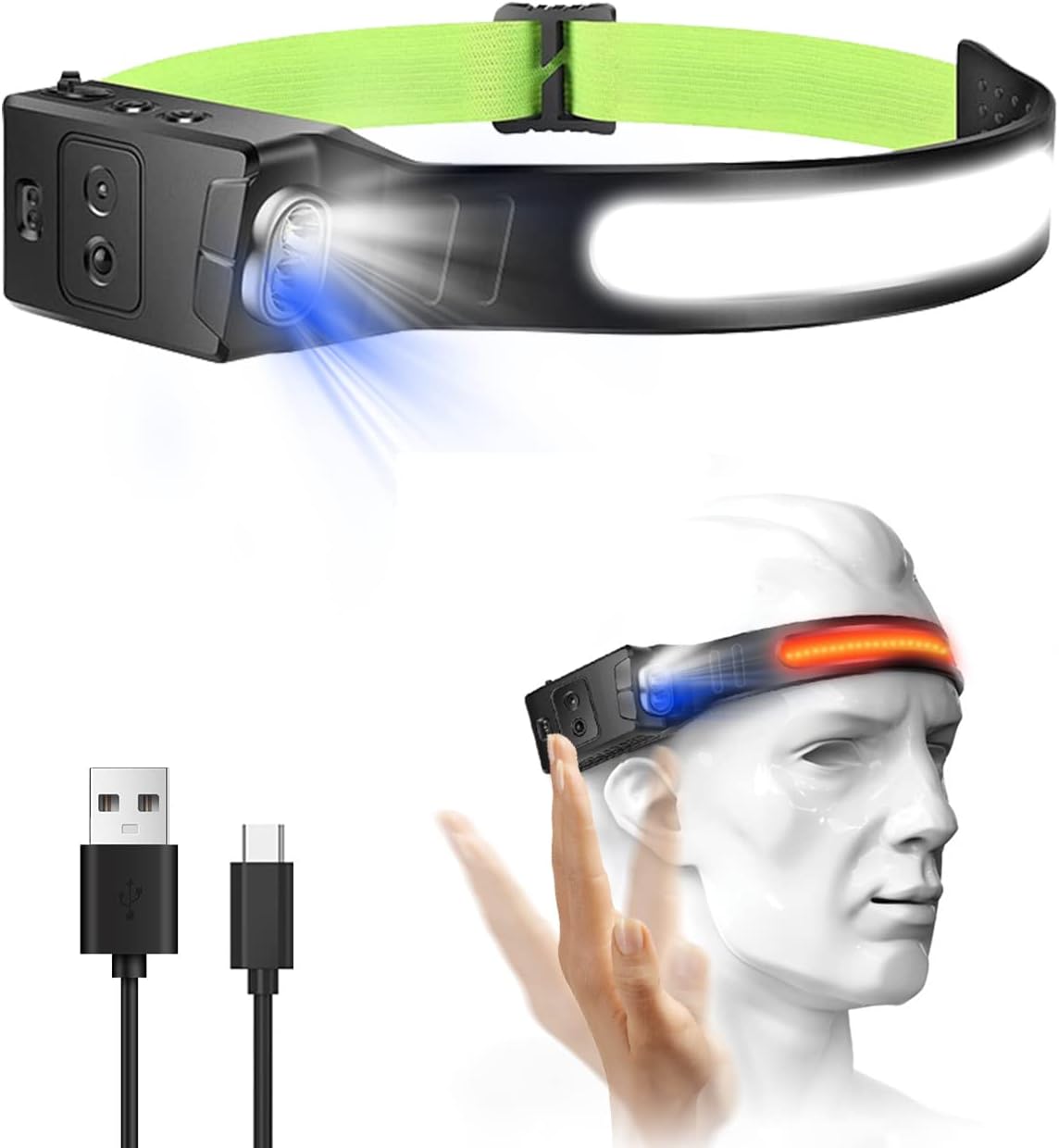 Head Torch Rechargeable, Enhanced 2024 Design 230 Degree 6 Modes and Motion Sens...